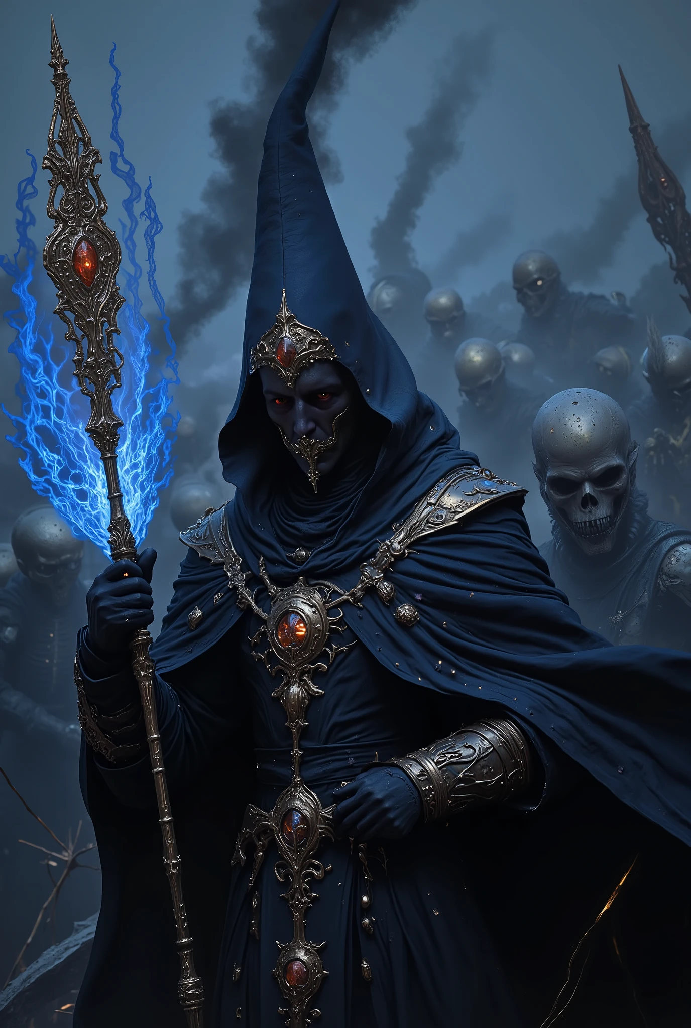 (photorealism:1.2), handsome young wizard,  wearing  deep azure blue outfit wizard with  black turttleneck outfit inside robe, pointy hat blue deep azure blue. , holding  large staff.  a staff with a hanging copper lamp on the end, the lamp is blue fire and has a rounded design in his right hand. from his staff came fire that attacked the enemy. battle on the battlefield. Fighting Stance. 10 distance composition pictures. skeleton soldiers. 
best quality, masterpiece, very aesthetic, perfect composition, intricate details, ultra-detailed .  splitting a skeleton demon in half with a staff with blue fire,
