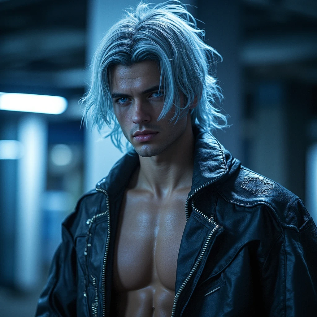 (((masterpiece))), (((best quality))), ((ultra-detailed)), (highly detailed CG illustration), ((an extremely delicate and beautiful)), cinematic light,((1guy)), solo, (upper body), (character focus), absurdres, high contrast, extreme detailed, colorful, highest detailed, science fiction, (light blue hair), blue eyes, sixpacks abs, broad bear chest, topless, add detail,