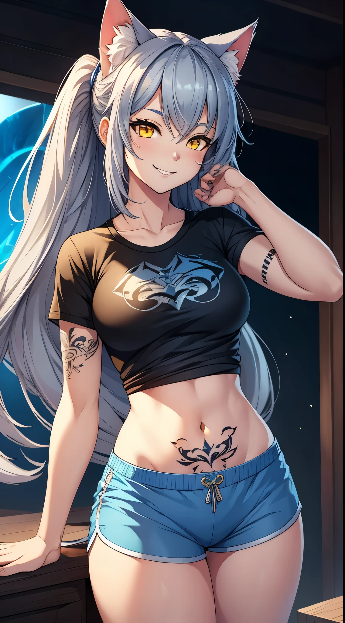 young girl, long gray hair, cat ears, Yellow eyes, Smile, tattoo, Tight blue fantasy shirt, open belly, Blue Fantasy Shorts, Masterpiece, hiquality, 4k, HD, Good detail