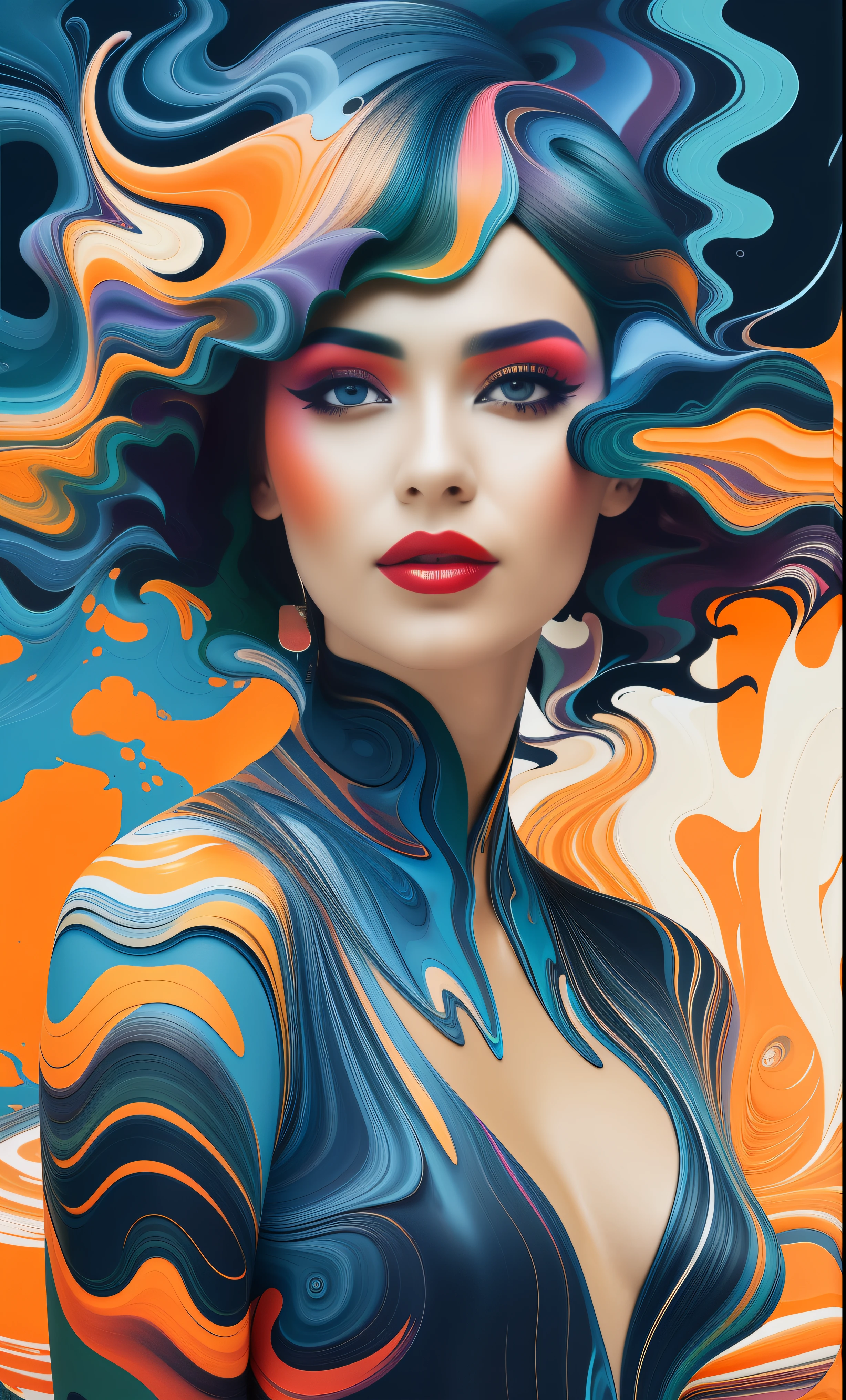 by Luis Duarte, closeup, beautiful sensual scandinavian woman in [fractal clouds jungle swamp] body suit, [Kuvshinov | van Gogh | Georges Barbier | Klimt | Geremy Mann | Giovanni Boldini | Afremov] heavy brushstrokes stained impasto oil, orange, cream, blue, fuchsia, bright green, vivid gradient colors 2d 3d relief tesselation mixed media vector fluid textured, Dark Influence, NijiExpress 3D v2, Oil painting, Ink v3, Splash style, Abstract Art,3D, High definition, Photo realistic, specified, Epic style, Illustrated v3, Deco Influence, Air Brush style, drawing, Niji Art