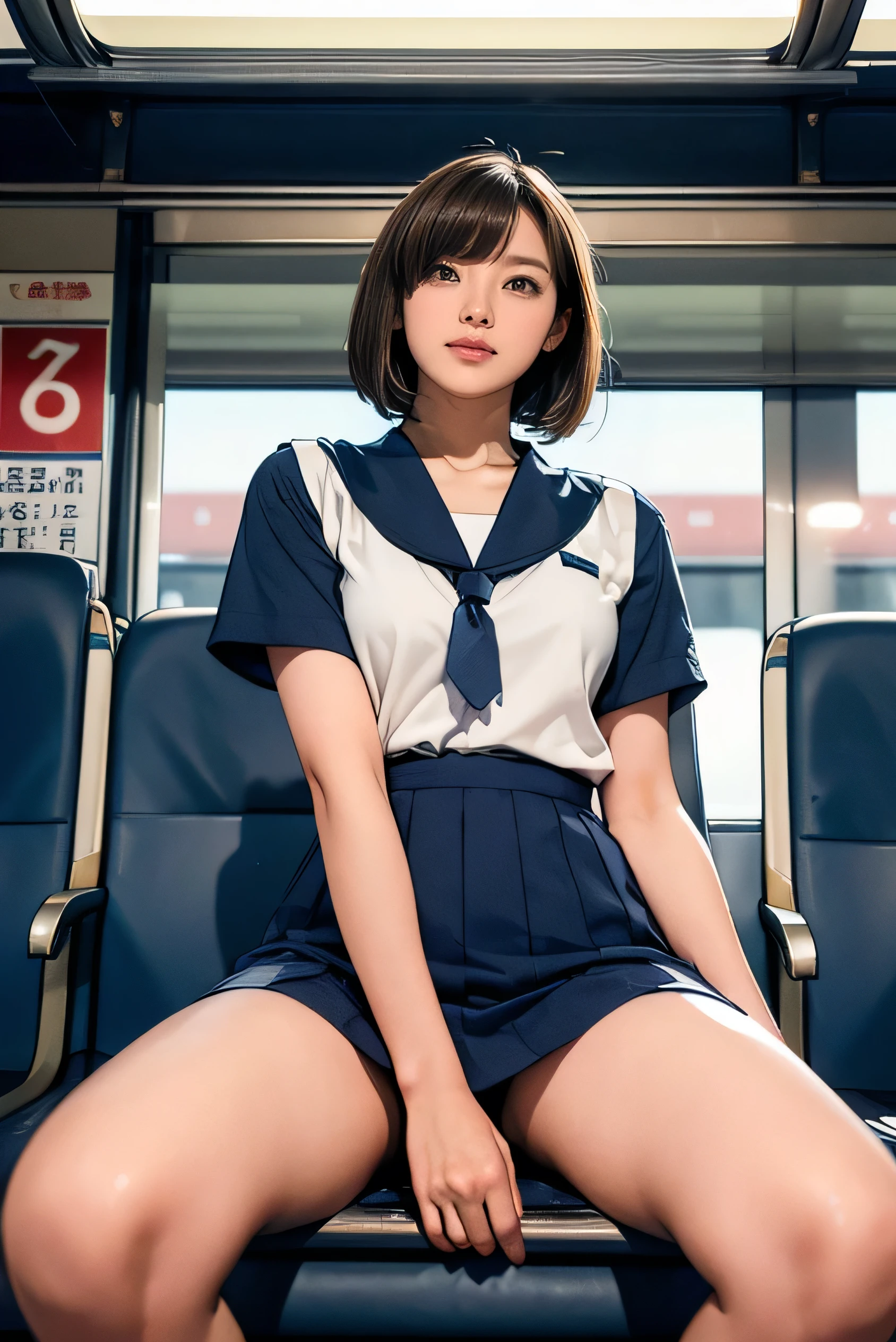 (cloth), (Thin black skirt), (White-Panty:1.25), Recruitment Suit,,(Professional portrait, Professional Writing) ,masterpiece,最high quality,Realistic,8k,Official Art, Ultra-high resolution, ,,Shining Cheeks ,(Glowing Skin:1.02),Medium Hair,(Blonde gradient hair:1.02), 8k,high quality, Super detailed, 最high quality, Very detailed, beautiful , (Professional portrait, Professional Writing) ,masterpiece,最high quality,Realistic,8k,Official Art, Ultra-high resolution,, , Vivid and cute panty, , Straight bangs, Medium Hair、Shrine maiden, , , 、Show your panties neatly from the front、Brown Hair、Cheerleader、ribbon、, (The background is inside a train:1.03), NUDE,、, (Cotton-Sexy-Panty:1.03), (spread-legs:1.05),, Focus Crotch, (Half-close your eyes:1.23), Sit with good posture, (Low-Angle:1.4), (Show the center panty:1.2), (Knee to knee:1.3)