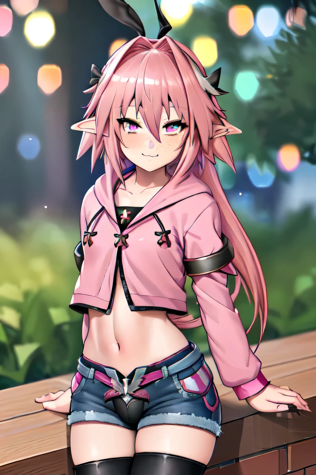Astolfo, 1girl, elf ears, cute, short light pink hair, short hair, darker pink eyes, wearing jeans shorts, short jeans, pink hoodie, blue and pink striped thigh highs, thigh highs, cute pink platform boots, in a garden, succubus outfit, moeflavor succubus suit, succubus wings, succubus wings headband, small bulge, starry eyes, freckles, (best quality,4k,8k,highres,masterpiece:1.2),ultra-detailed,(realistic,photorealistic,photo-realistic:1.37),HDR,UHD,studio lighting,ultra-fine painting,sharp focus,physically-based rendering,extreme detail description,professional,vivid colors,bokeh,anime,concept art