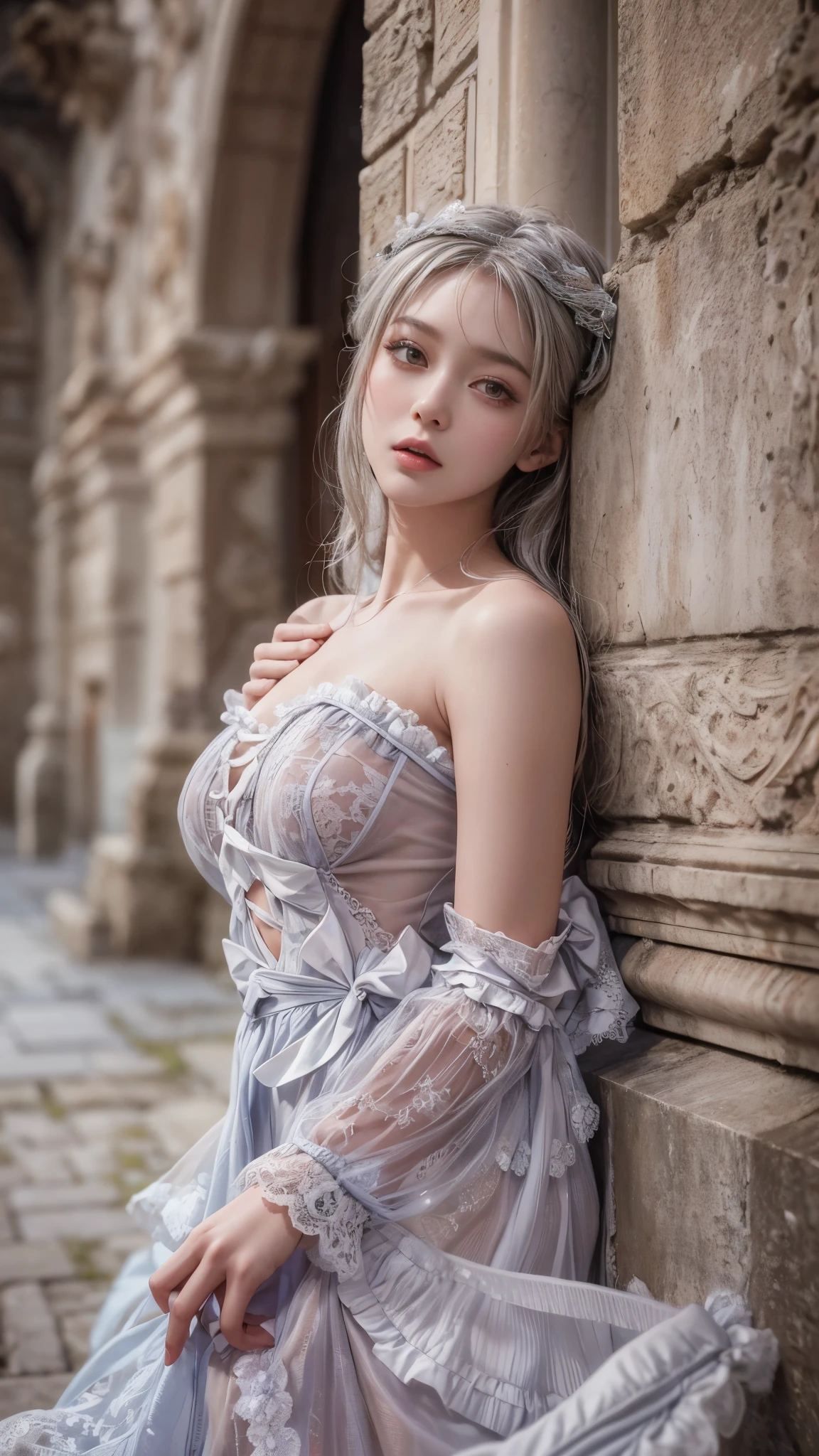 (raining day:1 silver-haired girl, Girl), tmasterpiece, best qualtiy, RAW photogr, realisticlying, the face, Incredibly Ridiculous res, Beautiful elf beauty, ear studs,Get wet all over, (Long silver hair), White full body wedding dress,Veil,white stockings,High-heeled ribbon shoes,depth of fields, A high resolution, ultra - detailed, filigree, RAWE is very detailed, very detailed eyes and faces, Sharp pupils, realistic pupil, tack sharp focus, cinmatic lighting,full bodyesbian,Bigboobs,long leges,From the front side,Main street on a rainy day,dynamicposes