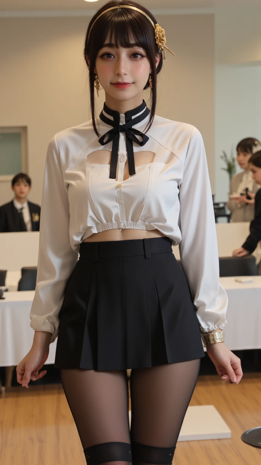 ((masterpiece)), (highest quality, Ultra-high resolution, High resolution photos, unity 8k wallpaper, extremely detailed CG:1.2),(RAW Photos,:1.3), (Photorealistic:1.4), Japanese beautiful girl、15-year-old junior high school student、 Professional Lighting, Strobe lighting, Photon Mapping, Radio City, Physically Based Rendering, cute, (finely detailed face:1.4, detailed clothes), (detailed:1.4) Beautiful Face, (Captivating smile:1.2), Depth of written boundary, Add Layer, (Dutch Angle, Sculptural installation), Cosplay, Cosplayer, A maid outfit with a large open chest, Open front, exposing breasts、Her clothes are open and her naked body is visible、Frillsのカチューシャ, Frills, Short skirt,No underwear、Under the skirt are no pants、No bra、No underwear、 bow tie, Maid Apron, (Shiny oily skin:1.25), Knee socks, Knee-high,topless、Upper body naked