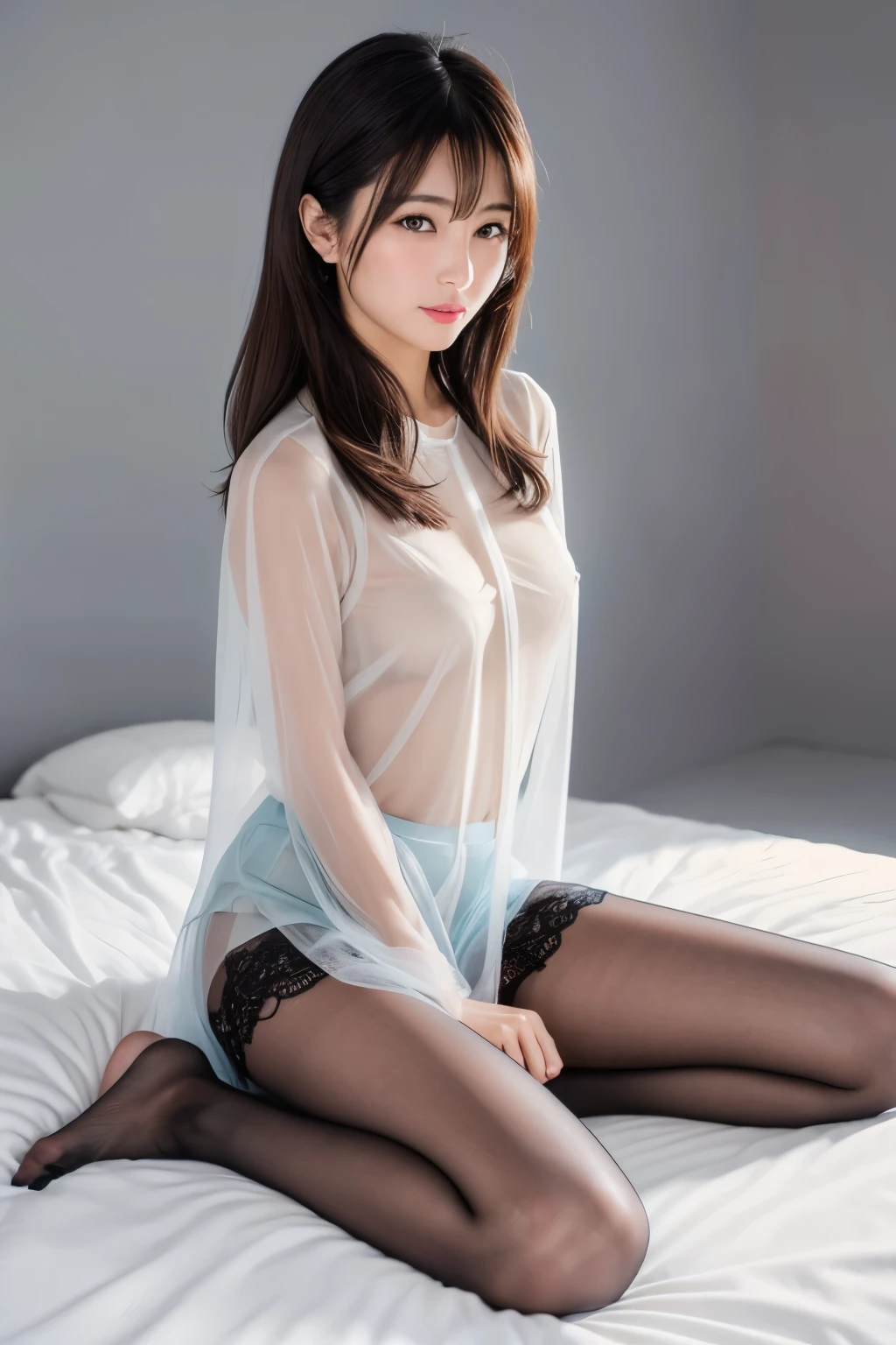 Thin pubic hair((Highest quality、8K、masterpiece:1.3))((Perfect glowing skin,Perfect Skin))　Browsing Caution　Realistic　Bright room　White Room　White skin　Brown Hair　Chignon　bangs　Wearing a shirt　Wearing stockings