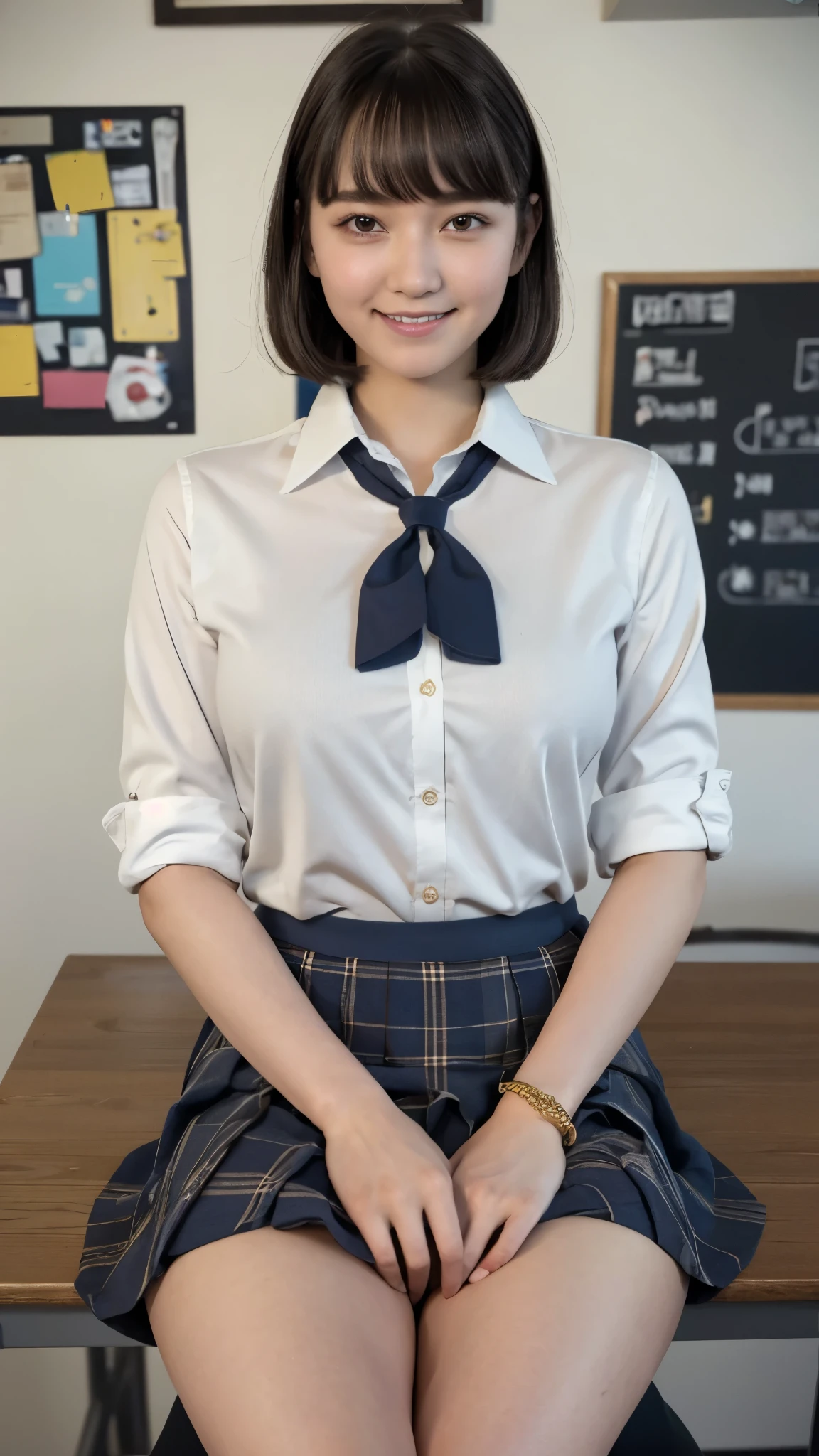 Highest quality, 4K, 8k, High resolution, masterpiece, Genuine, Realistic, Realistic:1.3), (upper body), Girl sitting on the school desk in classroom, blue neckerchief Uniform, Dark Blown Blazer, blown plaid skirt, Gal Makeup, wearing oversize dark sweater amd white collared shirts, ((short straight hair)), Gold Bracelets, 19-year-old, bangs, grin,Thighs, knees, From below, pinching skirt:0.7, black long socks, open legs:0.8,