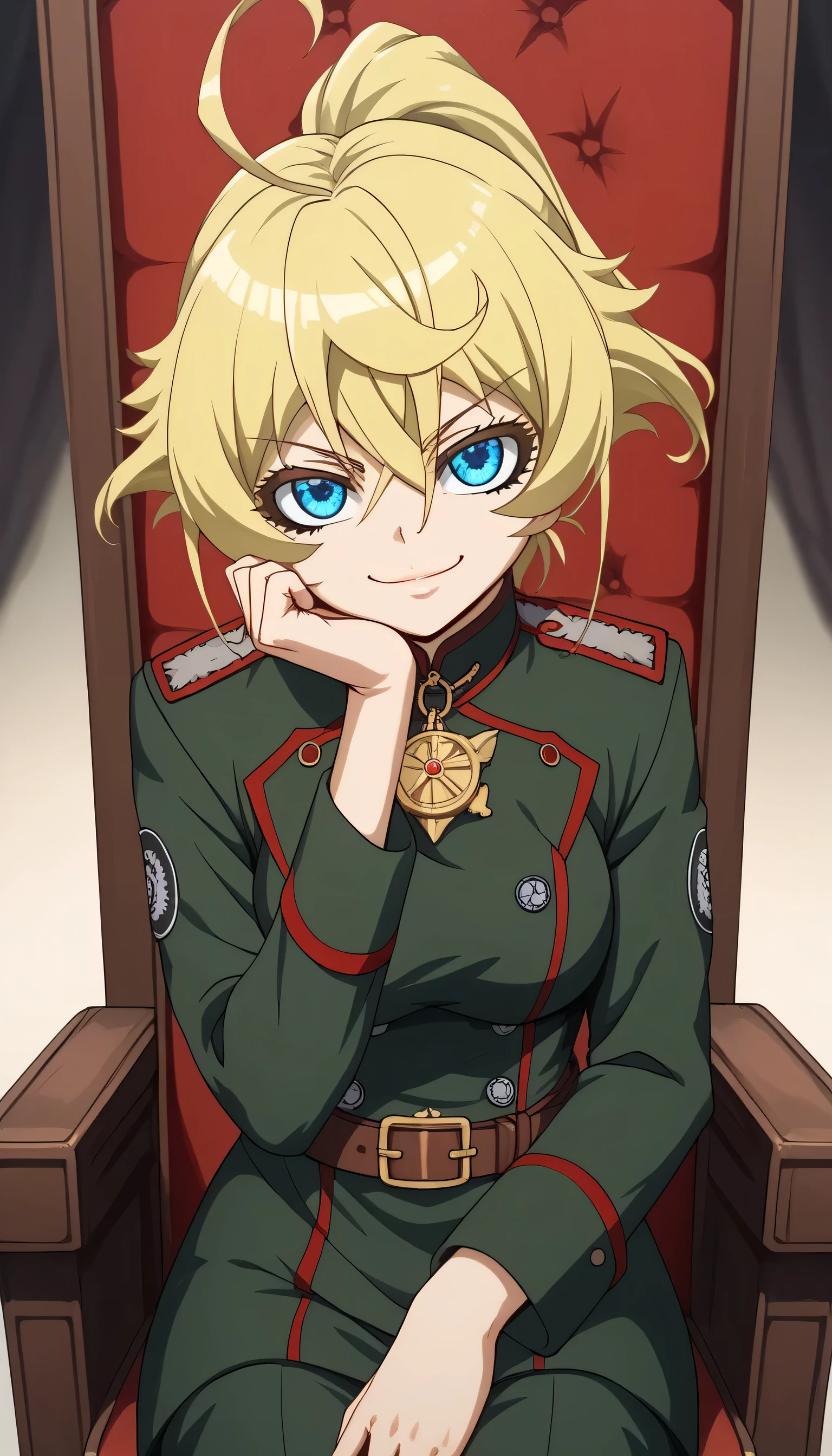 1girls, solo, female_focus, , sitting, , throne, , , looking_at_viewer, eye_of_horus, , , ,, smile, chain, closed_mouth, , , traditional_media, ,head_rest, tanya degurechaff, short hair, blue eyes, blonde hair, hair between eyes, sidelocks, ahoge, ponytail, short ponytail,
tanya degurechaff, long sleeves,, belt, uniform, military, military uniform, large breast
