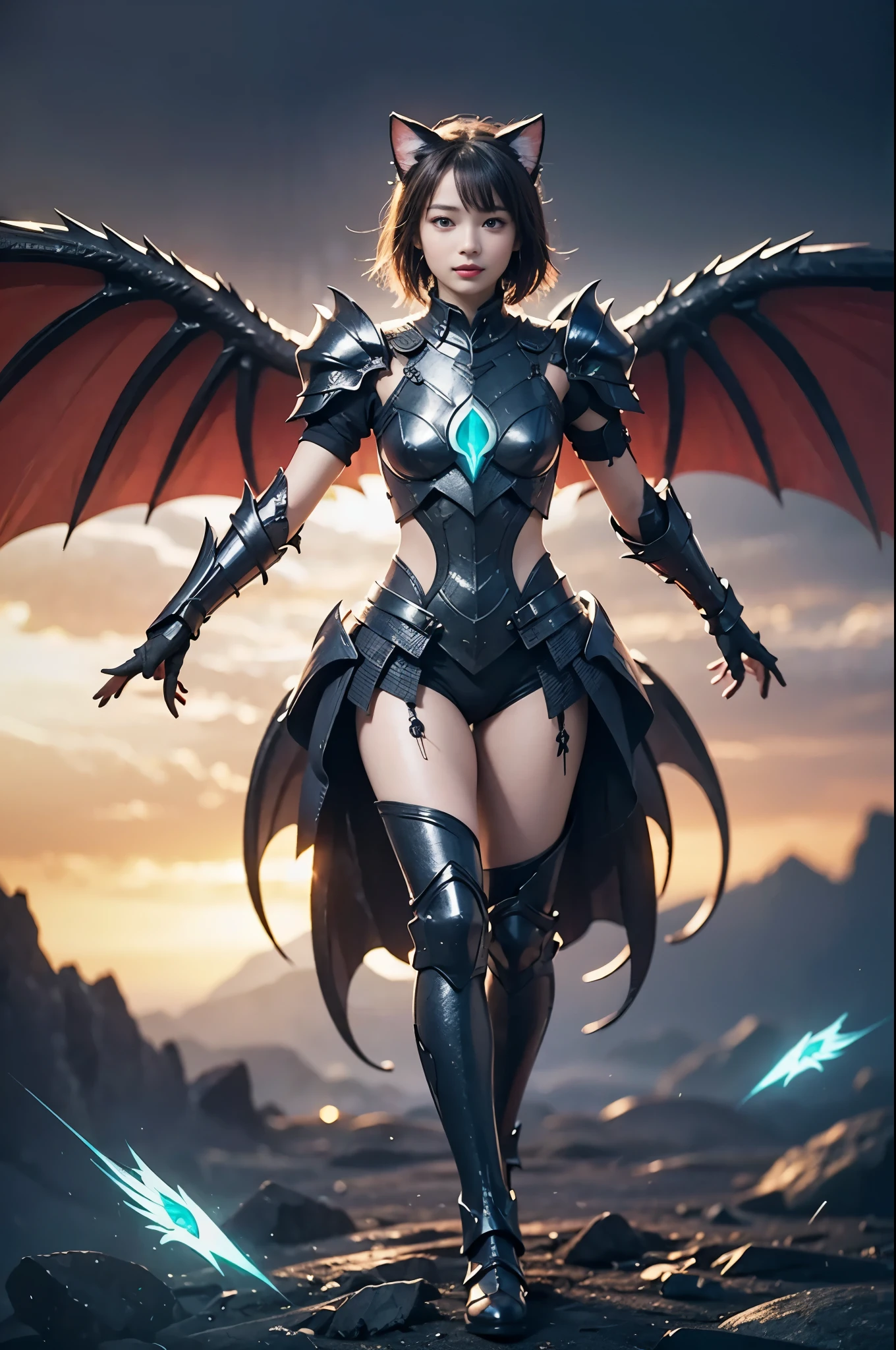 1girl, Armor, Wings, beautiful dragon, futuristic evolved Nekomata, (Neon glowing body), 2 tails, holographic, (The wings are symmetrically paired;1.5), Long shot,