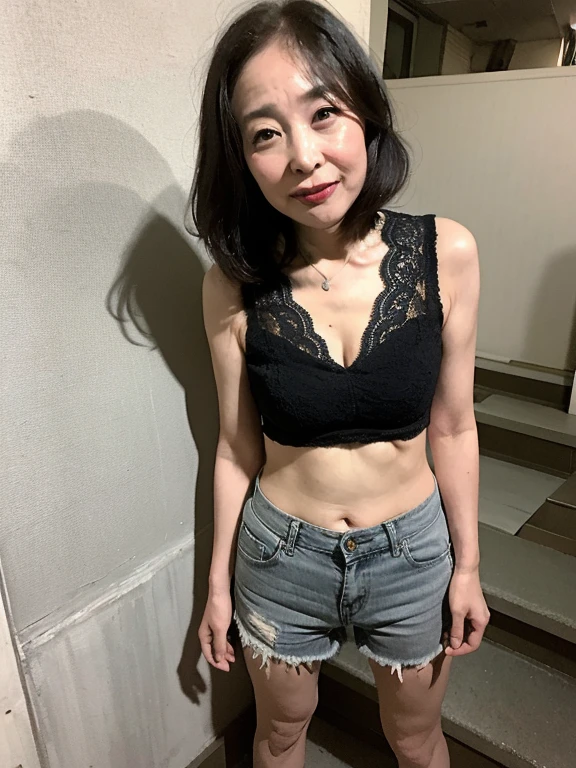 ((Highest quality、8K、masterpiece:1.3))、Photorealistic, Sharp focus, high resolution, High resolution, Portraiture, alone, Japanese, Middle-aged women, Beauty, Sexy, 50 years old, Bob Hair, Bra very、Wearing panties、(Wrinkles around the eyes:0.6), Office Changing Room, Many steel lockers, Dark Background,