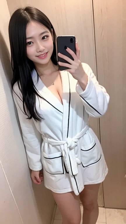 ((full body)),((full pose picture)) Masterpiece: 1.3), (8K, Photorealistic, RAW Photography, Best Quality: 1.4), Japan Girls, Standard Body Shape: 1.3, (light brown straight bob Hairstyle: 1.4), Ultra Detail Face, Eyes of Detail, Double Eyelids, slim legs, slim body, 20 years old girl, teen, ((standing:1.4)), Slouching Breasts, Sharp Focus: 1.2, Pretty Women: 1.4, Light black Hair, Top Quality, wink, blushing, Masterpiece, ((smile:1.3)), Ultra high resolution, firm buttocks, black eye shadow, (photorealistic: 1.4), very detailed and professional lighting smile, hotel room, white bathrobe:1.4, unbuttoned bathrobe, bare feets:1.4, show nipples:1.4, undressing:1.4, selfie in mirror:1.5