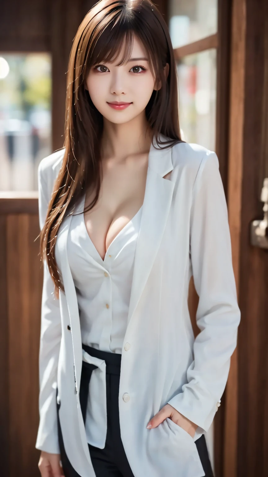 (very cute girl) ,(, Korean ), (RAW photo:1.2), (realistic:1.4), very detailed eyes and face, beautiful and fine eyes, huge file size, Super detailed, High resolution, very detailed, masterpiece,unified, 8k wallpaper, wonderful, small details, masterpiece, highest quality, , light shines on your face, cinematic lighting, 1 girl, ((big breasts:1.4)), (underboob: 1.2),((1 girl gorgeous brown long hair), (((saggy breasts))),(((business uniform, white blazer, very short skirt,)))), (((white clothes))),