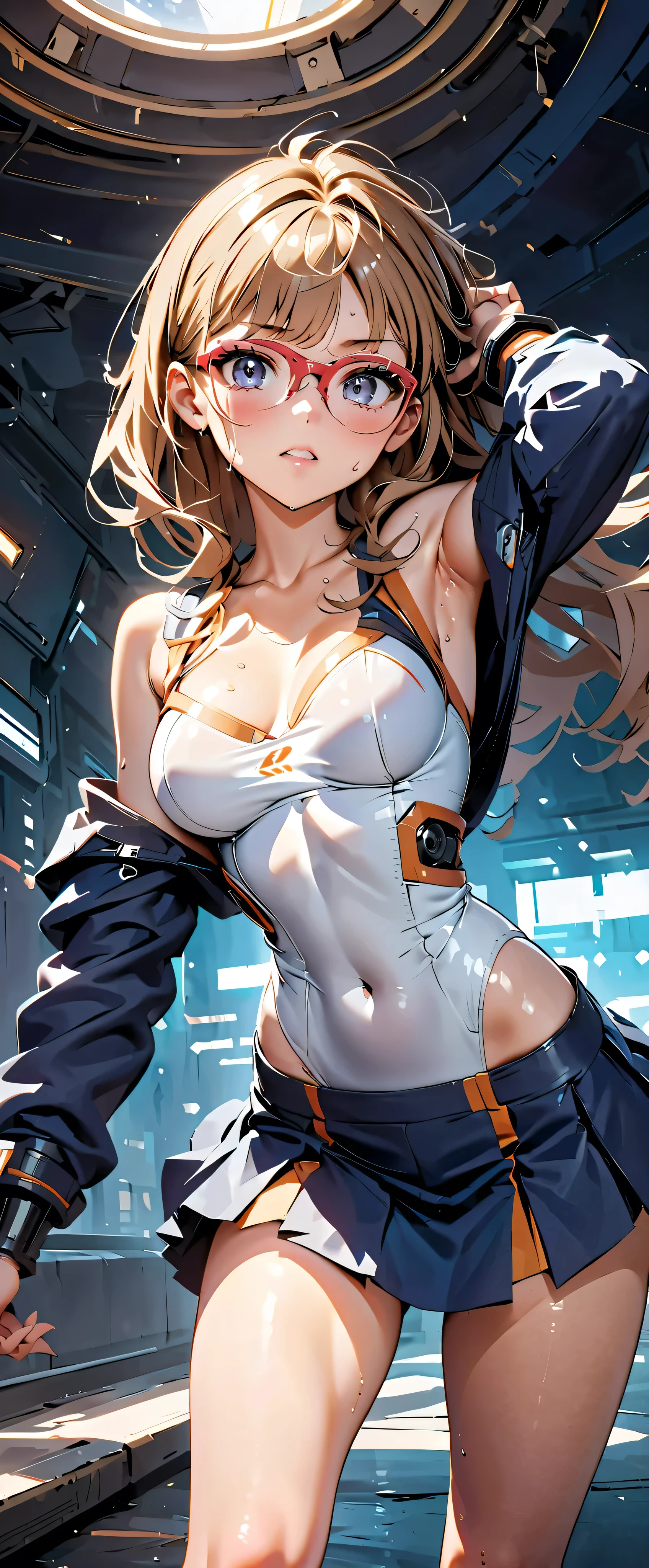 (((Masterpiece)))、(( best quality ))、( ultra detail )、(CG illustration)、( very beautiful girl ))、 cinematic lights 、((1. Mechanical Girl))、 sci-fi 、Apocalypse、Sensual and ugly、(Beautiful and luxurious:1.2)、( one girl:1.3)、Expectations,,white and navy blue bodysuit,(( micro tight skirt )),,Medium bust,( skinny),Wet with sweat, off shoulder , dynamic pose,Glasses
