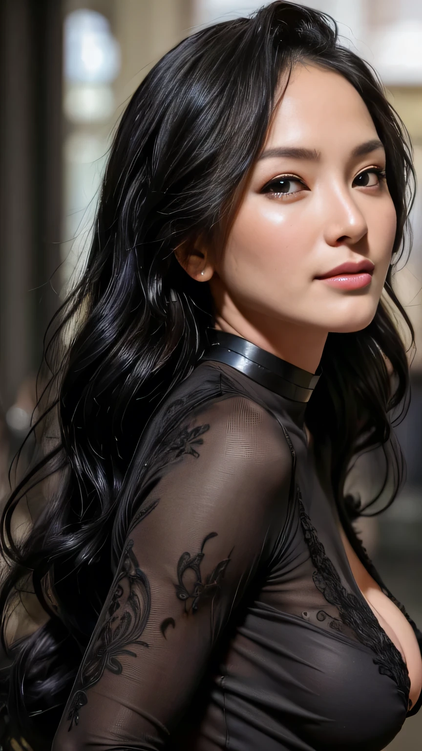 Photorealistic, masutepiece, Best Quality, Raw photo, 1girl in, Solo, Long hair, Brown hair, Detailed face, alluring face, Black shirt with collar, medium breasts, Dynamic Pose, Looking at Viewer, From below, Detailed background, fine detailed, intricate detailes, Ray tracing, depth of fields, lowkey, nffsw