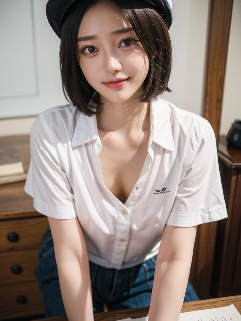 (missionary position, seduce the viewer sexually, lying in bed, bird’s eye view, (skirt raised), ((Skirt up yourself)), spread legs, separate both knees, lie down luxury bed, Lie down on back, Put head on the pillow, fall on the sheets, panties are visible from the hem of the skirt:1.5), (high school uniform, white blouse, navy long pleated skirt, panties:1.3), (full length, whole body), (black hair, 18 years old, slim waist and large breasts style, short height, short bob hair, blush stickers, one little star earring, lively eyes, younger sister girl, round face, eyebrows downward, light blush, Look at viewers, affectionate cute, cute girl, surreal high school girl, Look at viewers, smile, Open your mouth wide, Hinano Himeno:1.2), (Surrealism, natural lighting, depth of field, Nikon, 8k, super detail, masterpiece, high details, anatomically correct, award winning), look at camera, seduce the viewer