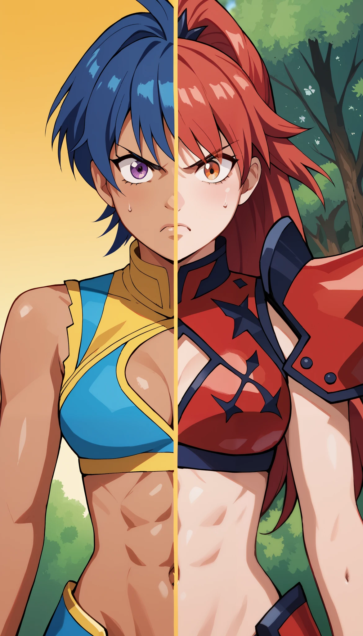 SplitScreen, split screen, line in the middle, masterpiece, best quality, forest background, 1girl, right side, Red hair, Orange eye, Red rounded armor outfit, Yellow armored crop top, honey skin, slender body, Cleavage, navel, angry expression,
masterpiece, best quality, forest background, 1girl, left side, Blue hair, Violet Eye, Blue Crystallize armor outfit, Dark blue armored crop top, natural skin, slender body, Cleavage, navel, angry expression,