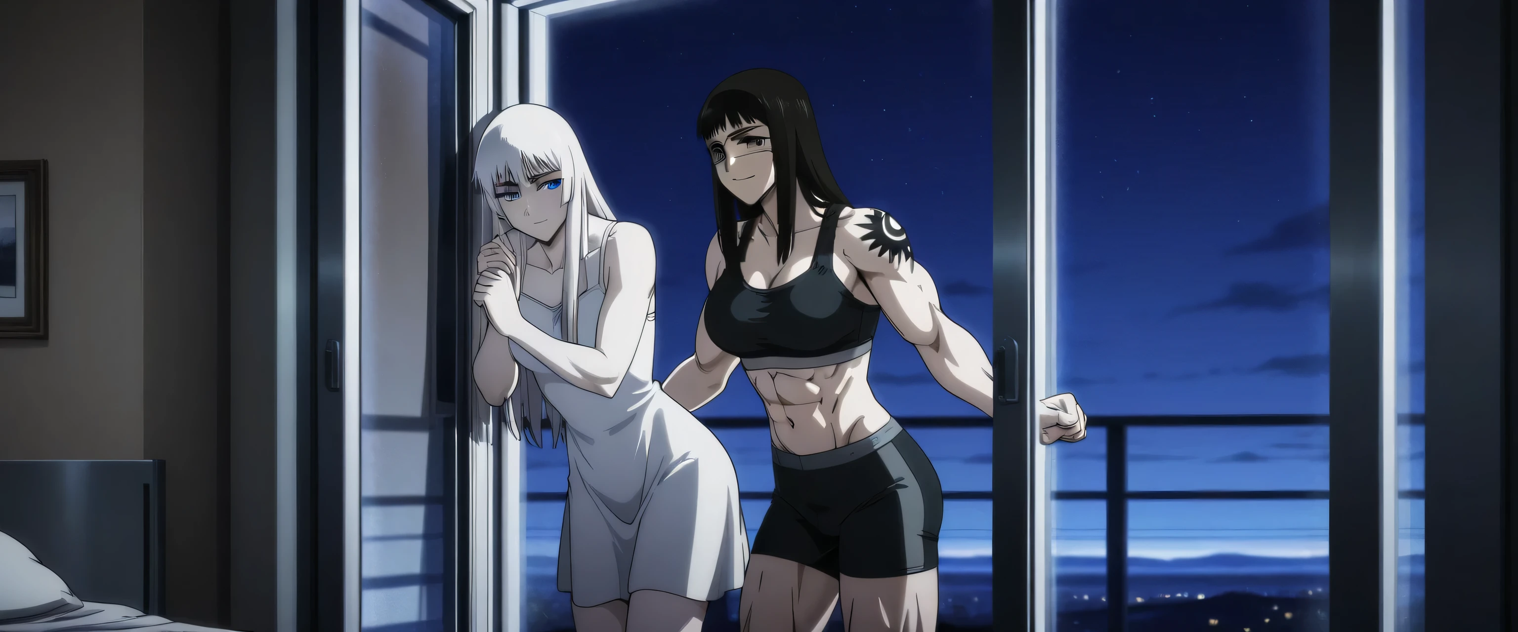 (best quality,ultra-detailed,realistic:1.37),musclaur badass girl with sculpted body with preview her musclaur body and six-pack, full review of the female character's face and body, intense expression,studio lighting, vivid colors, physiologically-based rendering, grungy texture, rugged background, dust particles in the air, commanding presence, professional, powerful, gritty aesthetics,,Valmet،short hair،tattoos on shoulders,,Shining muscles, muscle protrusion,wearing military male black underwear and midriff tank top,necklace,Valmet have a sex muscles,eyepatch,penis,penis growth inside underwear,penisQuiron,wet body,veins,fighting position,wet clothes,white skin,water dropped on body,Shining skin,Swim on a river,training