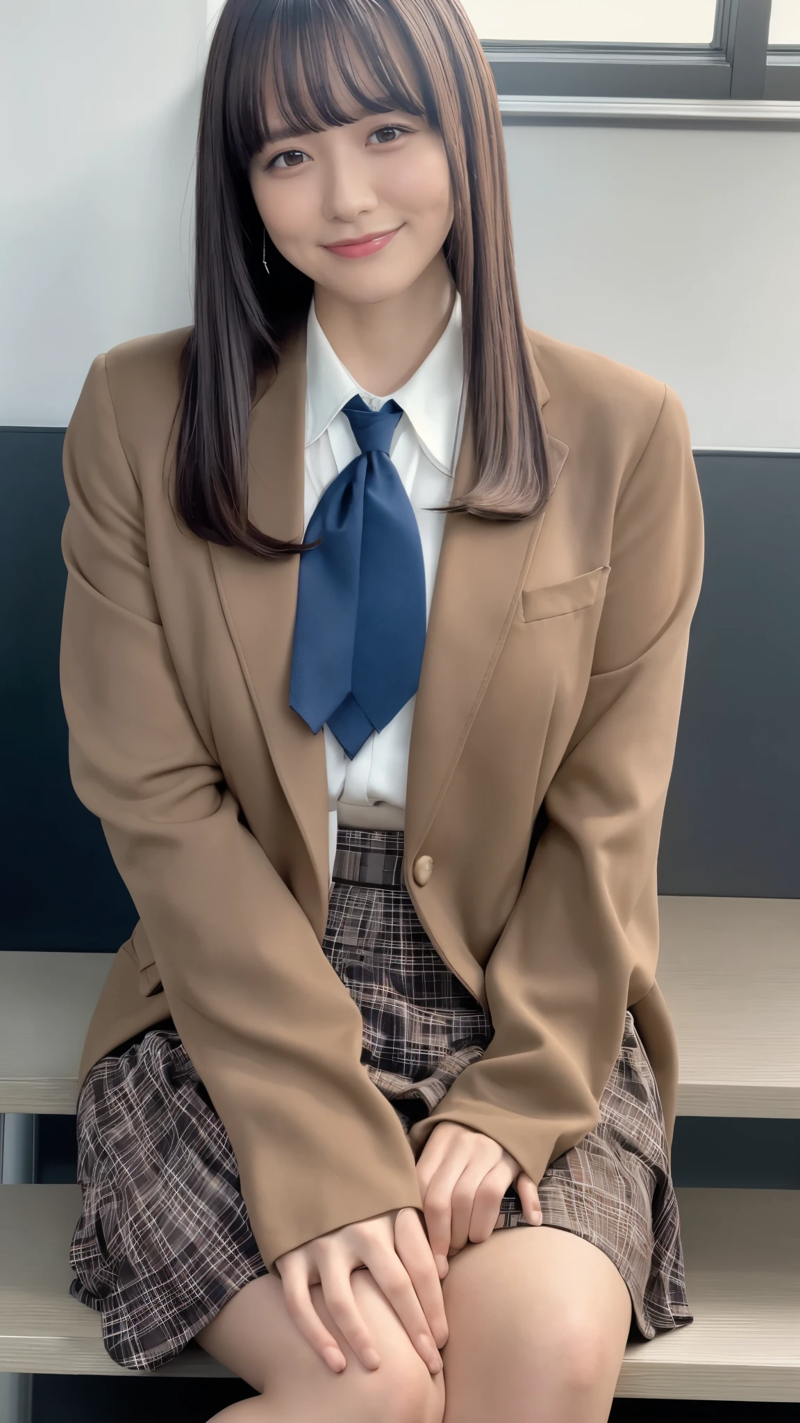 (Highest quality, 4K, 8k, High resolution, masterpiece, Genuine, Realistic, Realistic:1.3), (upper body), Girl sitting on the school desk in classroom, blue neckerchief Uniform, Dark Blown Blazer, blown plaid skirt, Gal Makeup, wearing white collared shirts, dark black pantyhose, ((wavy long brown hair)), Gold Bracelets, 18-year-old, bangs, grin,Thighs, knees, From below, pinching skirt:0.7, open legs:0.8,