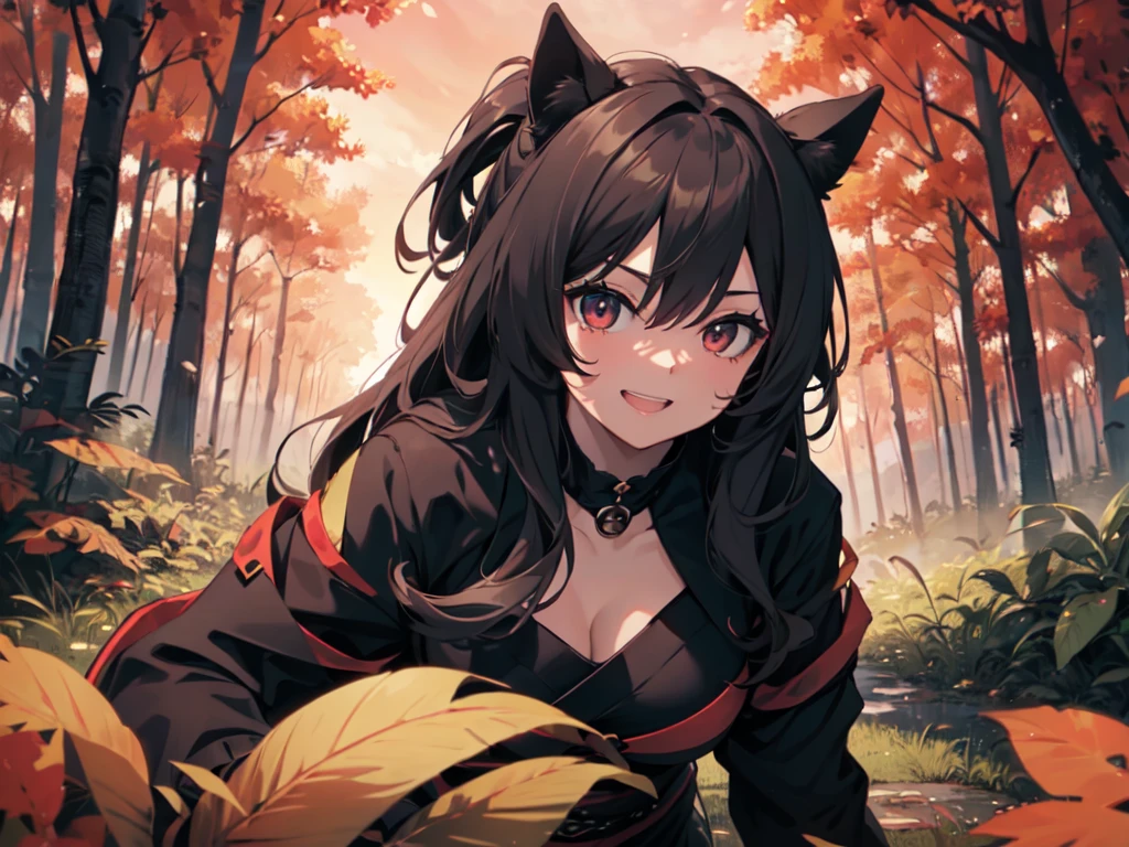 Don't starve style, tmasterpiece, Best quality at best, ultra - detailed, illustratio, 1个Giant Breast Girl, cabelos preto e longos, Eyes are red, Wolf ears, Black cloak, puffy collar, the sunset