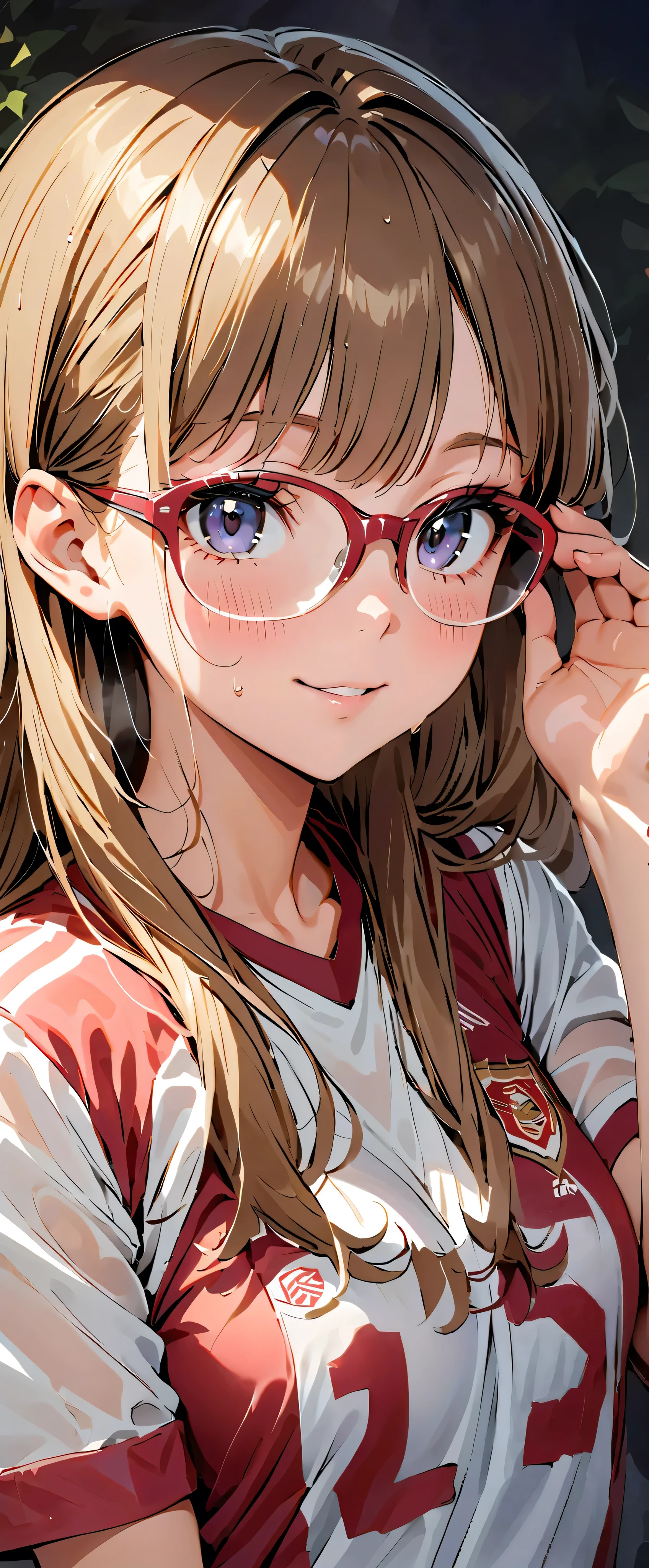(Masterpiece, best quality , super A high resolution), Japanese woman, ((( very beautiful 20 year old girl ))), Cute Girl 、Staring at the photographer、 (), SUPER CUTE FACE , glossy lips, double eyelids , natural smile 、 natural cosmetics, long lashes, smooth and shiny hair 、【Image Center, Perfect Limbs , perfect ,((( soccer uniform)))、(Wet with sweat),, beautiful , see-through,, Moving Poses ((Glasses))