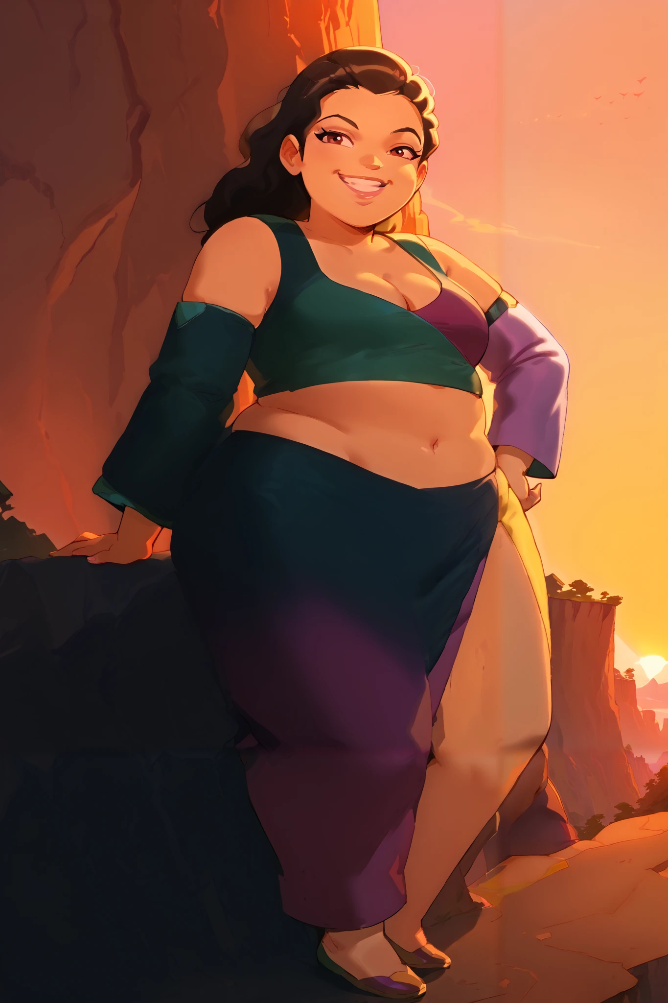 masterpiece, best quality, score_9, score_8_up, score_7_up, source_anime, full body, 1girl, Asian, brown skin, midriff, smug, smile, detached sleeves, cleavage, sunset, cliff