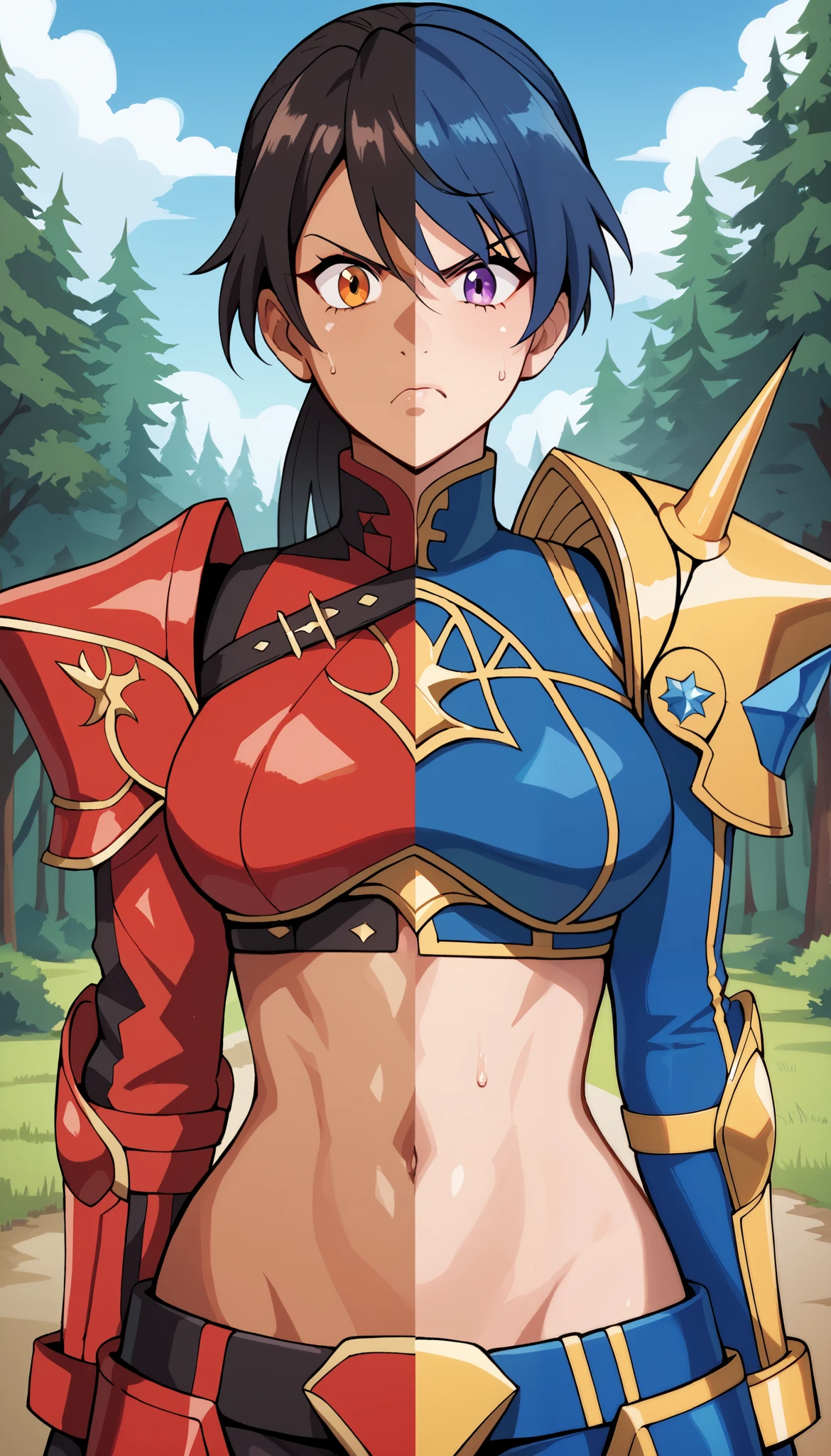 SplitScreen, split screen, line in the middle, masterpiece, best quality, forest background, 1girl, right side, Dark Red hair, Orange eye, Red rounded armor outfit, Yellow armored crop top, honey skin, slender body, Cleavage, navel, angry expression,
masterpiece, best quality, forest background, 1girl, left side, light Blue hair, Violet Eye, Blue ices armor outfit, Dark blue armored crop top, natural skin, slender body, Cleavage, navel, angry expression,