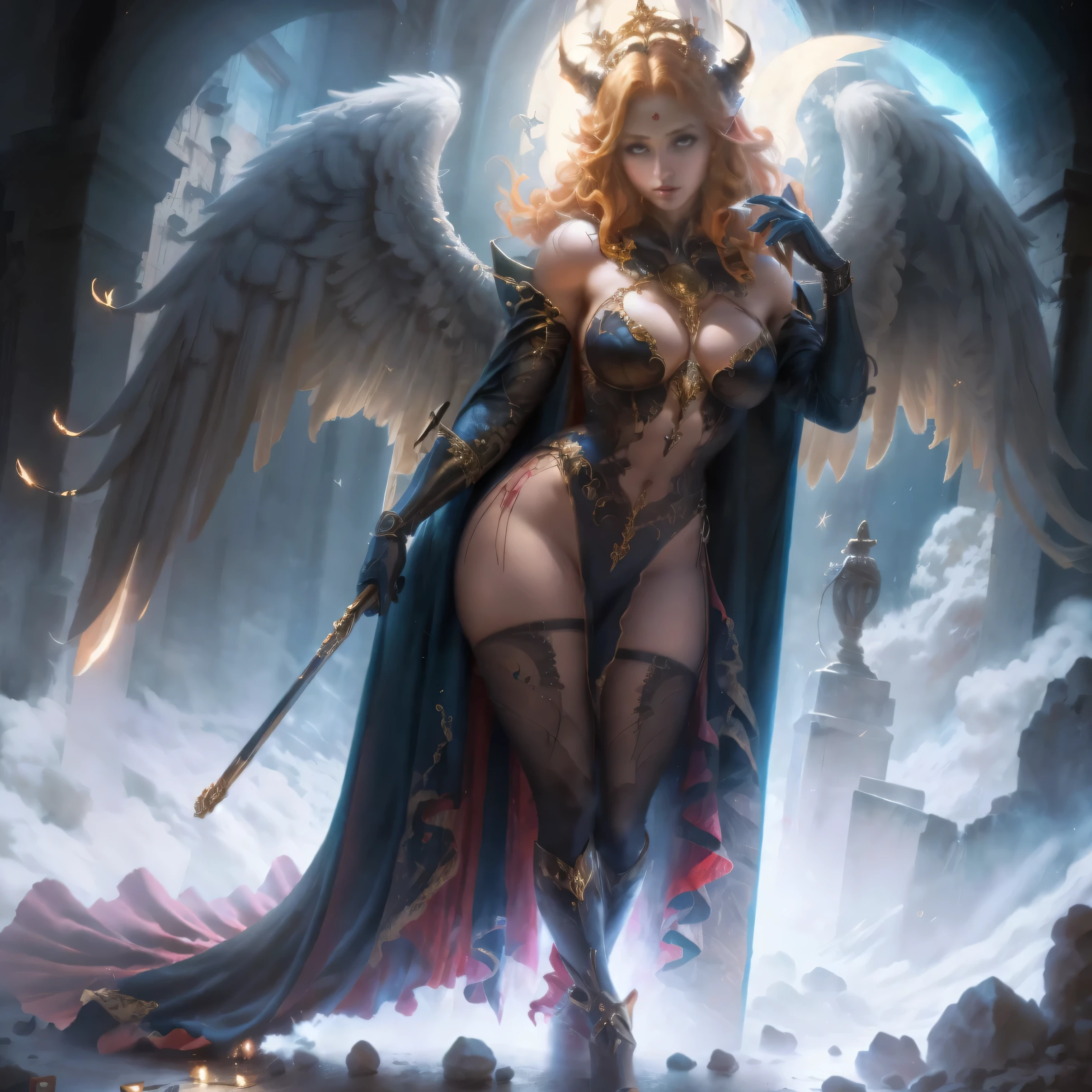 Red Phoenix , beautiful female, chubby, flames on body, huge wings, curly hair, flames, fire, in gardens of roses, supreme royal attire, massive wings, red wings, crown