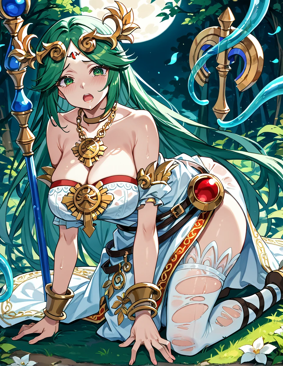 flat chests, nsfw, masterpiece, 1 girl, erect nipples, intricately detailed, topless, navel, bare shoulders, necklace, blue hair, embarrassed, loincloth, rock, gold trimmings, gold circlet, extremely detailed, photorealistic, octane render, 8 k, unreal engine, bare breasts, puffy nipples, closed eyes, carrying staff, blue gemstone, fantasy, enchanted, trident, magical, mage, bare stomach, sweaty, moist breath, child, arm strap, 1 side braid, atlantis, gold crown, underwater, swimming, gold arm strap, fish, corals, full body