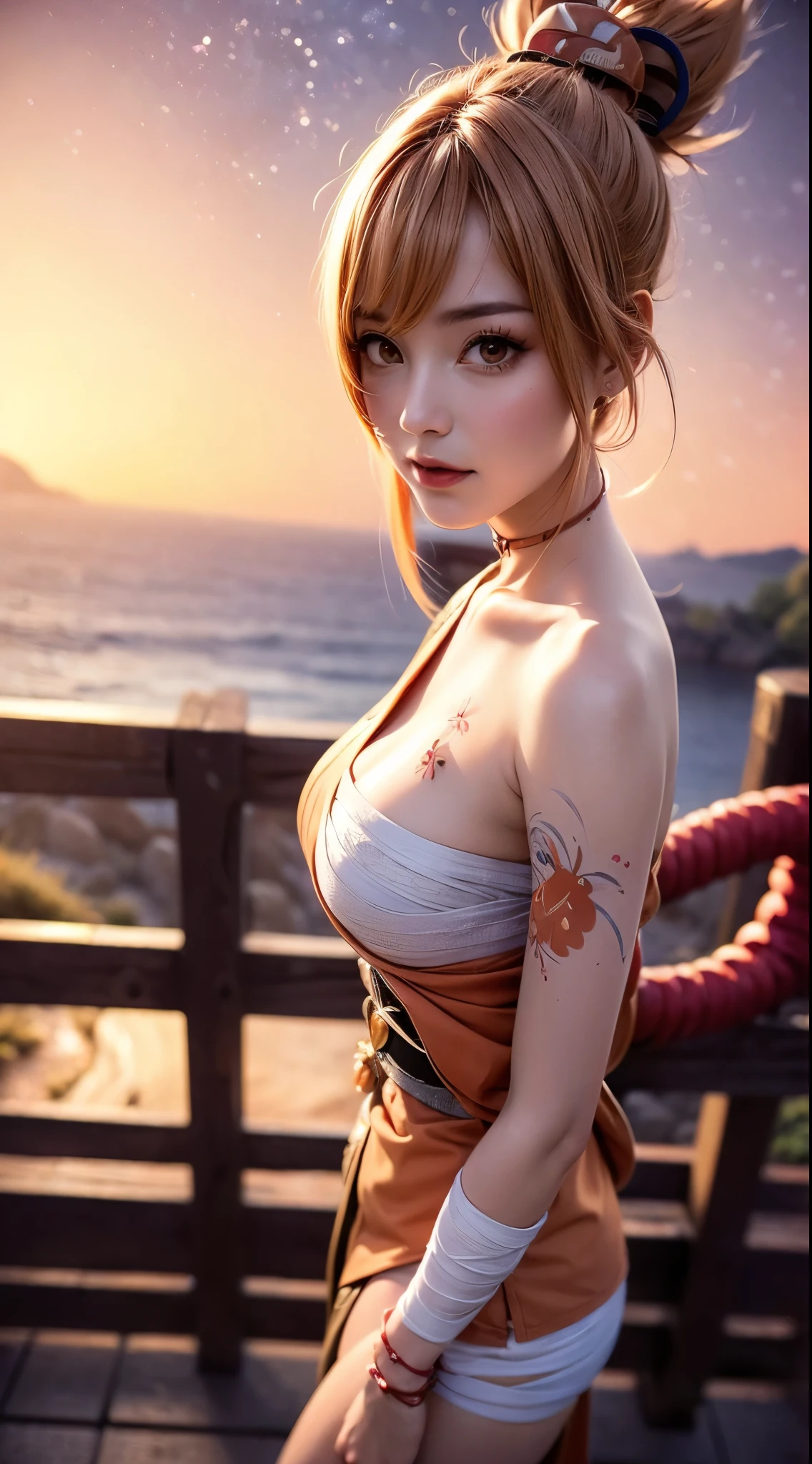 Landscape of a very beautiful woman, 27 years old woman, (((face exposed)))!!!, (full body shot_wide shot), (((front focus))), (((background Blurry))), Bokeh, lens flare, photography with Fujifilm XT3, depth of field, film grain, female focus, BREAK, yoimiya/(Genshin Impact/), anime style, (((standing at the edge of the cliff)))!!!, (((((night sky_starry night_magical evening at back)))))!!!!!, ((leaning on wooden fence))!!, (looks at the audience with beautiful orange iris like topaz)!, Ultra detailed eyes, (Beautiful light orange pupil's eye's like topaz :1.40)!, Stars in her fixed eyes, (homochromatic eyes)!!!, grin smile, long sleevemouth, (thin fresh peach lips)!, (Blush)!, Perfect nose, Cute little nose, beatiful face, Face Clean, realistic Skin, hyper realistic, Perfect eyebrow appear through orange hair, pink orange hair bangs, (ultra shine orange hair)!!, (((hair bun hairstyle_japanese hair tie)))!!!, (((hair tie over head)))!!!, Earrings, chocker_bell,((dynamic composition)), BREAK, detached sleeves, bare shoulders, /(((wear original costume of yaomiya genshin impact)))!!!, (((half open kimono_obi_red obi rope)))!!!, plump breasts, (((plump breast cleavage_bandage))!!, slim legs, open smooth thigh, Asymmetrical stocking, red geta slippers, vivid color clothes, detailed realistic clothes, BREAK, Best Quality, Masterpiece, Ultra-detailed, Beautiful, hight resolution, Original, CG 8K, perfect photo, dramatic lighting, Beautiful lighting, (((Realistic fantasy art)))!!!, Realistic, Full HD, Best Quality, award winning, (8k wallpaper of extremely detailed CG unit), High Details, sharp-focus, The art of dramatic and photorealistic painting, ((the edge of the cliff_wooden fence)), dynamic composition, breathtaking rendering, strong color, deep shadow