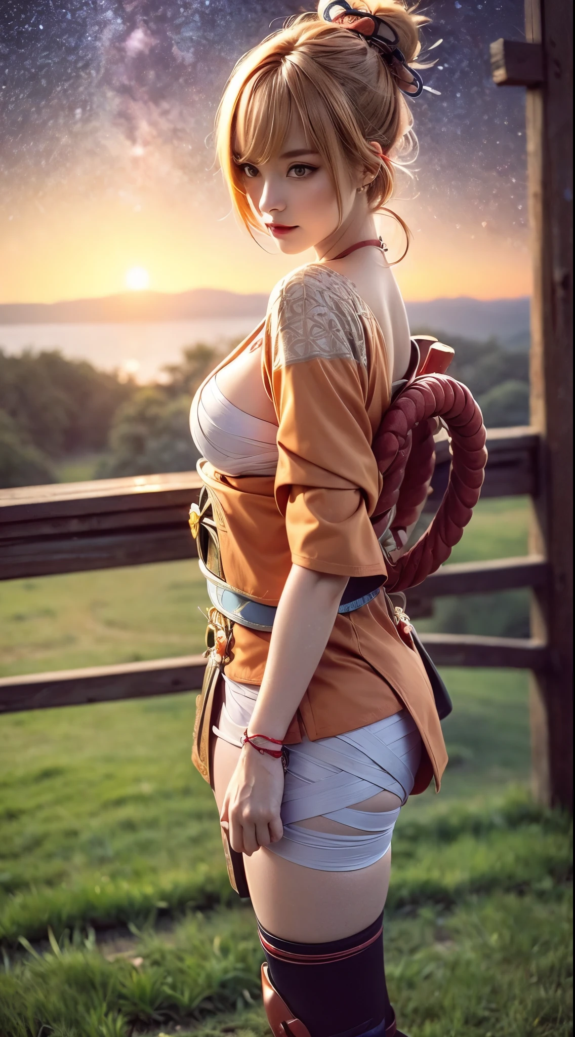 Landscape of a very beautiful woman, 27 years old woman, (((face exposed)))!!!, (full body shot_wide shot), (((front focus))), (((background Blurry))), Bokeh, lens flare, photography with Fujifilm XT3, depth of field, film grain, female focus, BREAK, yoimiya/(Genshin Impact/), anime style, (((standing at the edge of the cliff)))!!!, (((((night sky_starry night_magical evening at back)))))!!!!!, ((leaning on wooden fence))!!, (looks at the audience with beautiful orange iris like topaz)!, Ultra detailed eyes, (Beautiful light orange pupil's eye's like topaz :1.40)!, Stars in her fixed eyes, (homochromatic eyes)!!!, grin smile, long sleevemouth, (thin fresh peach lips)!, (Blush)!, Perfect nose, Cute little nose, beatiful face, Face Clean, realistic Skin, hyper realistic, Perfect eyebrow appear through orange hair, pink orange hair bangs, (ultra shine orange hair)!!, (((hair bun hairstyle_japanese hair tie)))!!!, (((hair tie over head)))!!!, Earrings, chocker_bell,((dynamic composition)), BREAK, detached sleeves, bare shoulders, /(((wear original costume of yaomiya genshin impact)))!!!, (((half open kimono_obi_red obi rope)))!!!, plump breasts, (((plump breast cleavage_bandage))!!, slim legs, open smooth thigh, Asymmetrical stocking, red geta slippers, vivid color clothes, detailed realistic clothes, BREAK, Best Quality, Masterpiece, Ultra-detailed, Beautiful, hight resolution, Original, CG 8K, perfect photo, dramatic lighting, Beautiful lighting, (((Realistic fantasy art)))!!!, Realistic, Full HD, Best Quality, award winning, (8k wallpaper of extremely detailed CG unit), High Details, sharp-focus, The art of dramatic and photorealistic painting, ((the edge of the cliff_wooden fence)), dynamic composition, breathtaking rendering, strong color, deep shadow