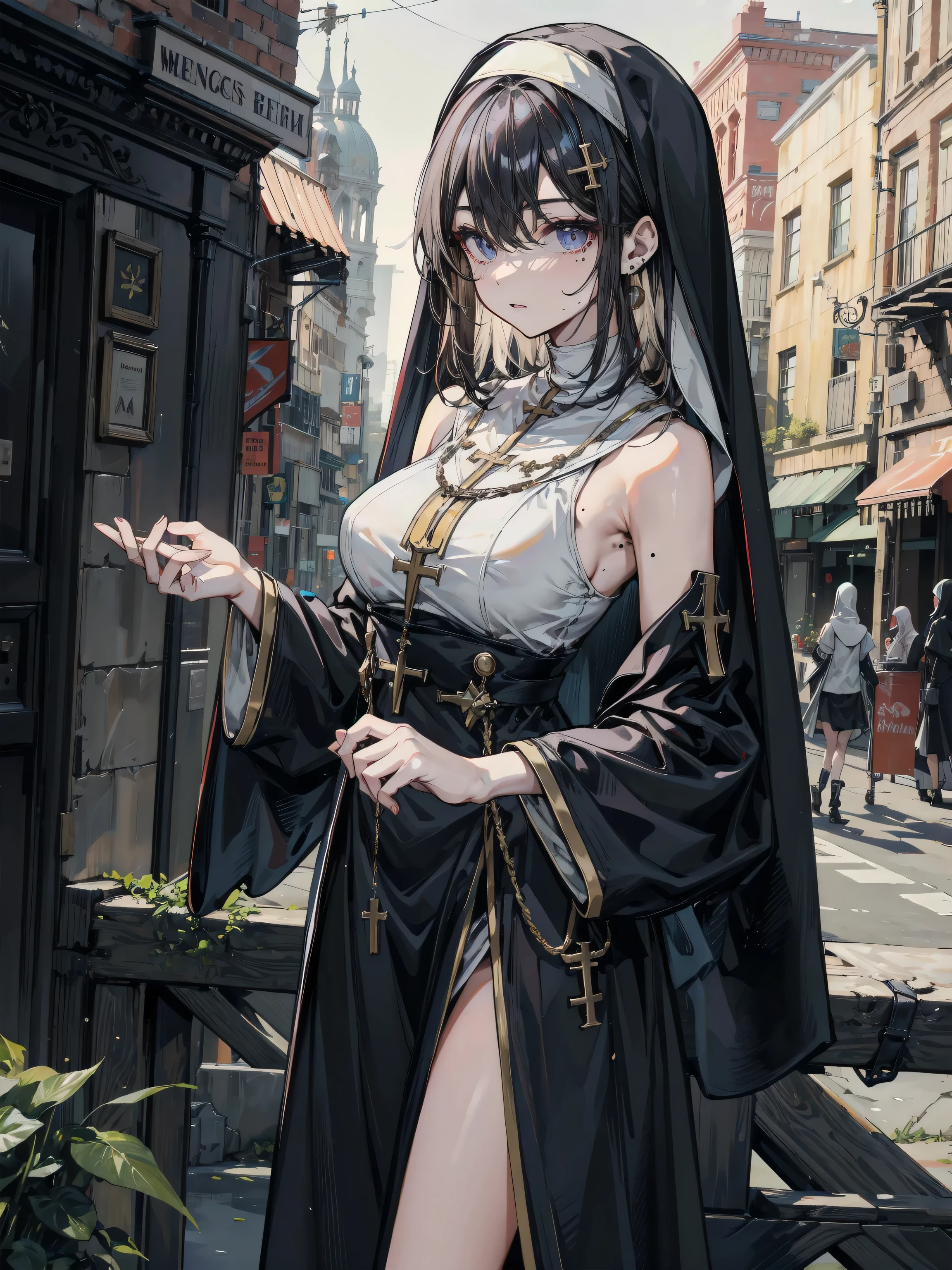 Beautiful nun, on city streets, high detail, 4K, masterpiece.