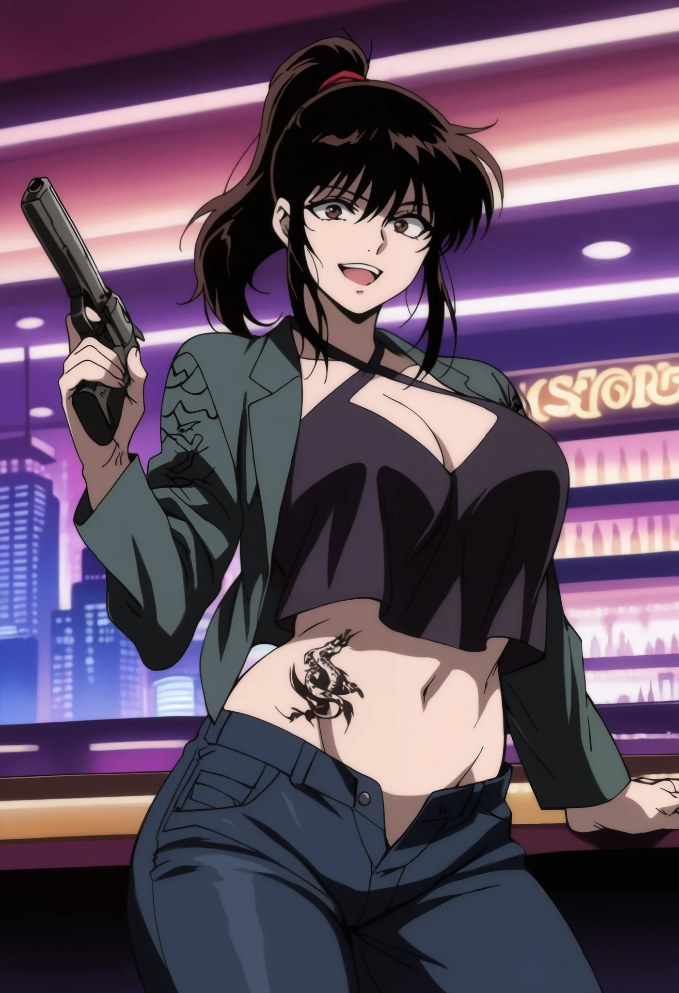 score_9, score_8_up, score_7_up, source_anime,
okoi, okoi, black hair, brown eyes, ponytail,
bar background, inside bar,indoors, cityscape, casino, nightclub, city lights, masterpiece,high
quality,4k,belly,,holding pistol,cleavage, unbuttoned shirt, shirt, knot, smile, open mouth, (nsfw)
not safe for work, evil expression, exposed belly, exposed navel, exposed midriff, exposed lower
belly, crop top overhang,jacket, unbuttoned jeans , low rise black jeans, Low rise jeans, Low rise
jeans with open fly,,   criss-cross halter,from below,, nipple slip, , dragon tattoo, narrowed eyes, tattoo midriff, 