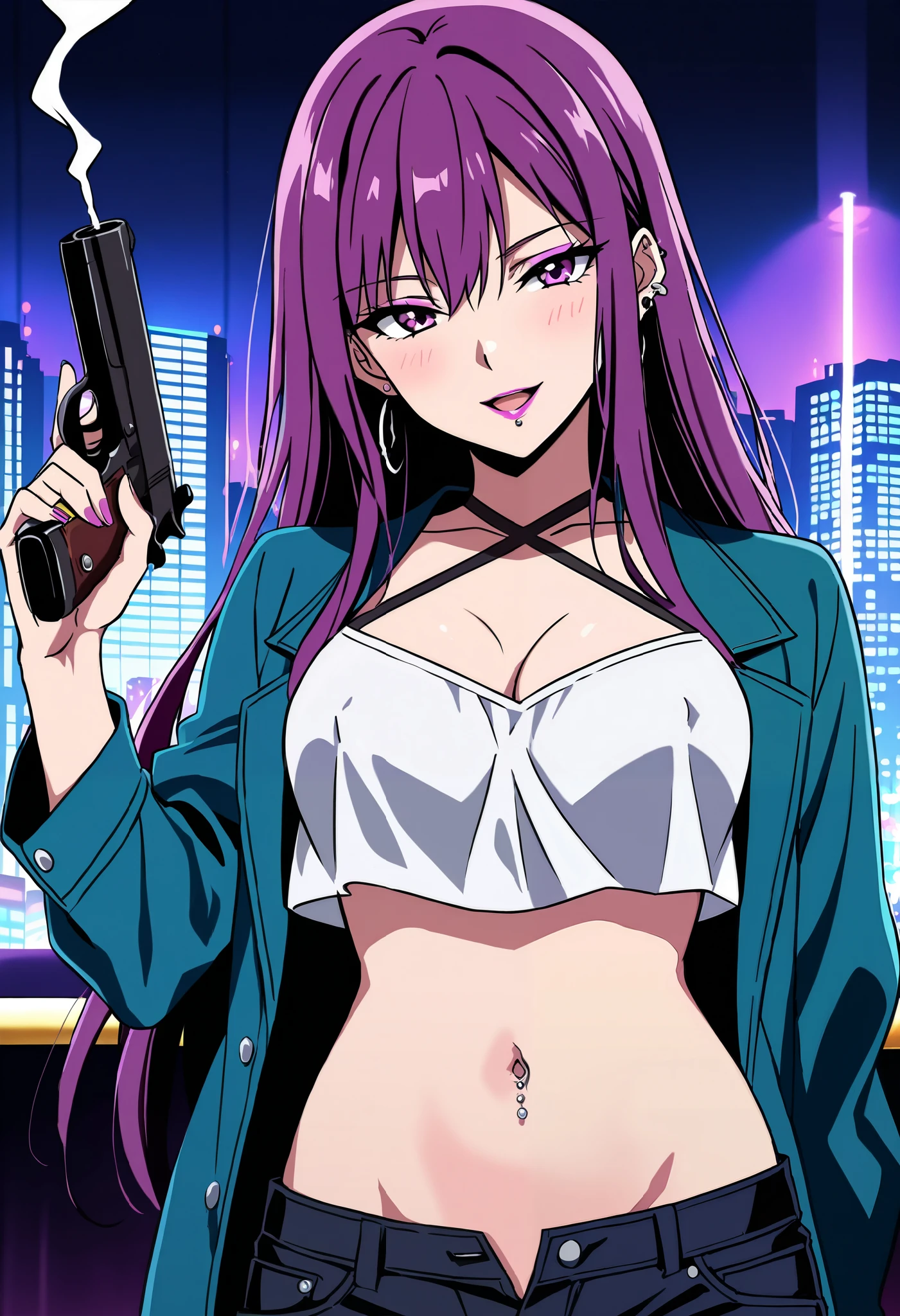 score_9, score_8_up, score_7_up, score_6_up, source_anime, hotarubi, long hair, purple hair, purple eyes, makeup, lips, medium breasts, constricted pupils, ,anime screencap, , ear piercing, long hair, blush, lipstick,Hot girl, baddie, smoking, sensual, attractive, bar background, inside bar,indoors, cityscape, casino, nightclub, city lights,masterpiece,high
quality,4k,belly,,holding pistol,cleavage, unbuttoned shirt, shirt, knot, smile, open mouth, (nsfw)
not safe for work, evil expression, exposed belly, exposed navel, exposed midriff, exposed lower
belly, crop top overhang,jacket, unbuttoned jeans , low rise black jeans, Low rise jeans, Low rise
jeans with open fly,,navel piercing , criss-cross halter,, nipple slip, , dragon tattoo, narrowed eyes, tattoo midriff,