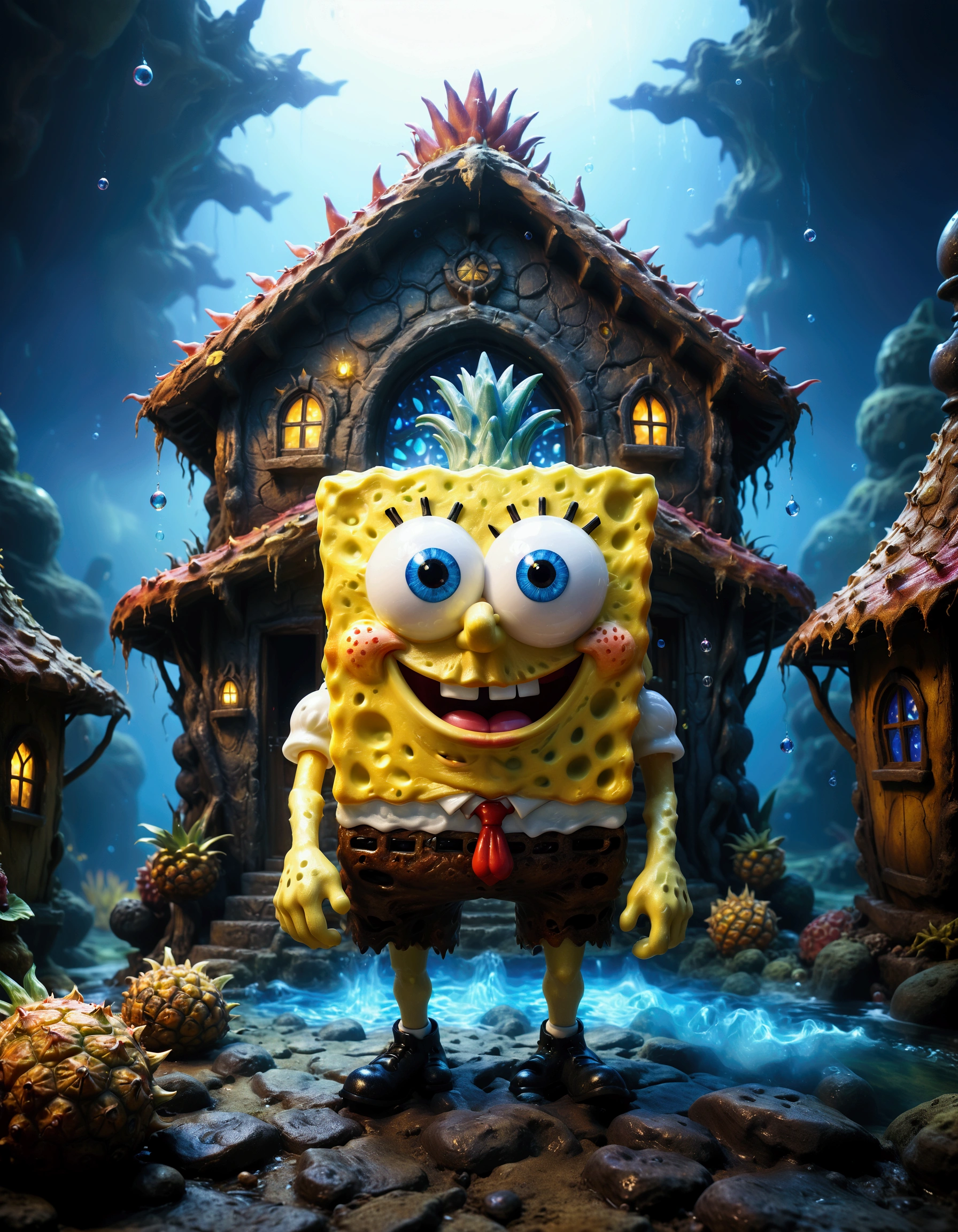 An ultra-realistic dark fantasy textured version of the SpongeBob character, standing in front of a realistic pineapple house under the sea, with blue-toned lights and bubbles floating around. Super Panavision 50 aesthetics, vivid colors and cinematic depth of field.