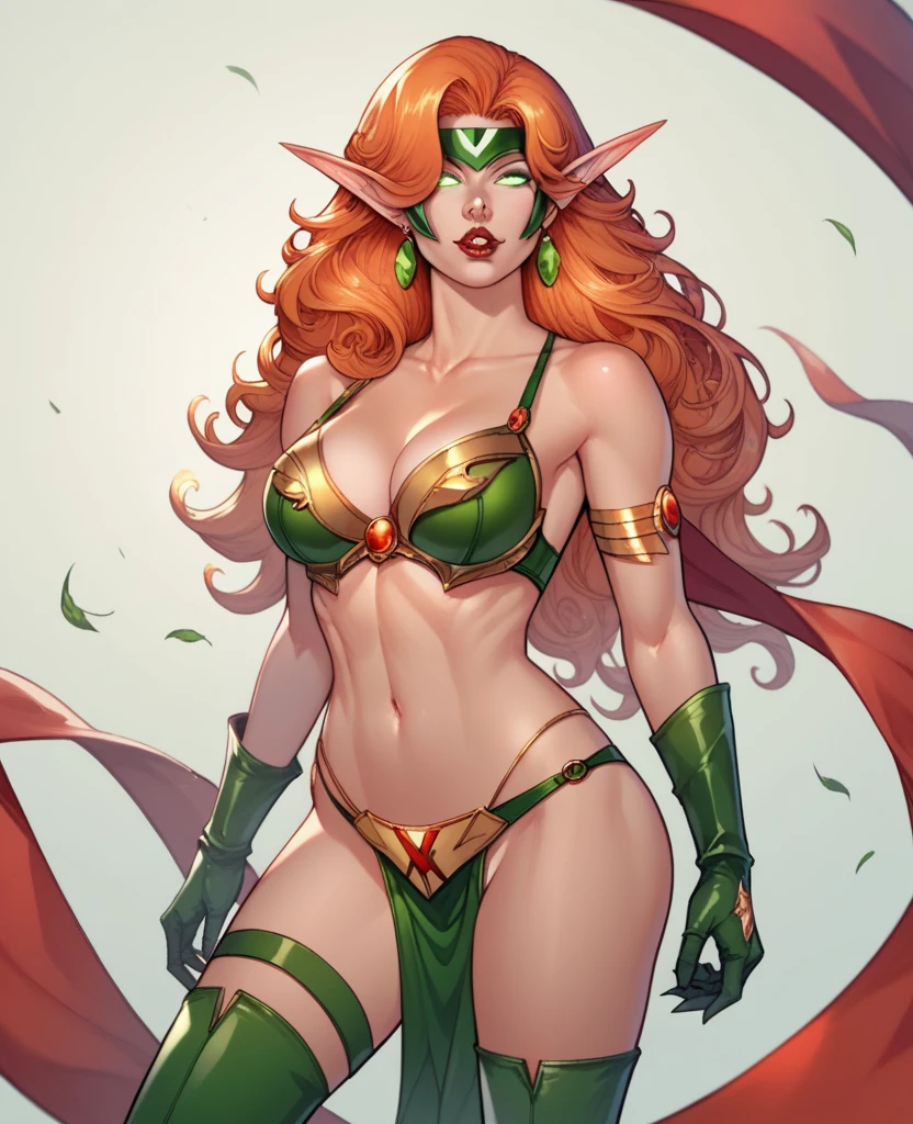 1girl, solo, breasts, green eyes, red hair, long hair, weapon, navel, lipstick, large breasts, gloves, makeup, sword, earrings, jewelry, headband, choker, cleavage, armor, lips, elbow gloves, very long hair, signature, red lips, smile, upper body, holding, looking at viewer