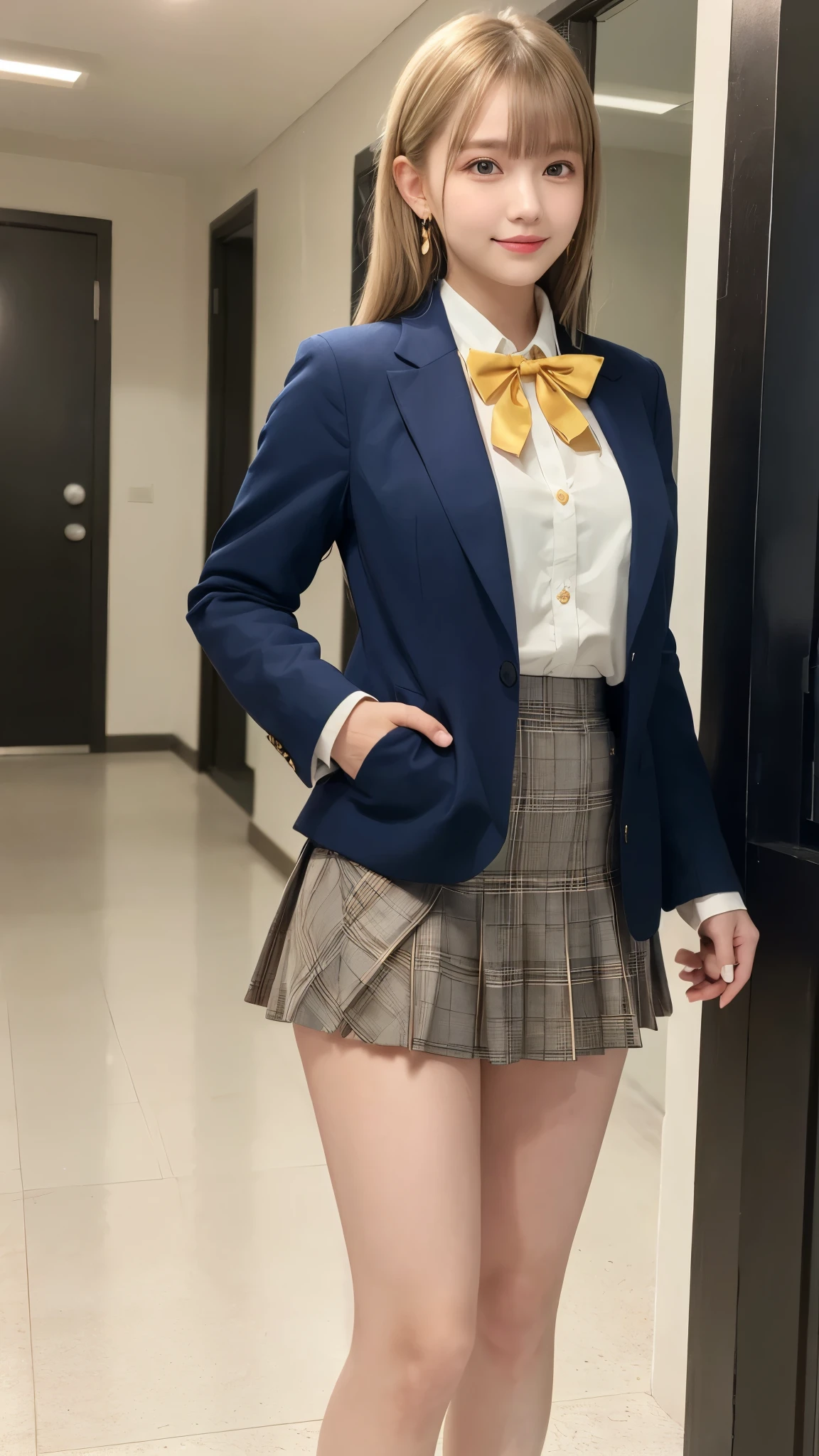 (8k), (highest quality: 1.2), (Realistic), (Realistic: 1.37), Ultra-high resolution, 1 girl, cute, smile, Mouth closed, Beautiful details, Beautiful Nose, whole body, Wet Hair, Giant Dulcefo, pork, Thighs,Selfie,Navel exposed,University Student Uniform,A simple blazer,Pleated skirt,Platform boots,Are standing,natural pantyhose,
