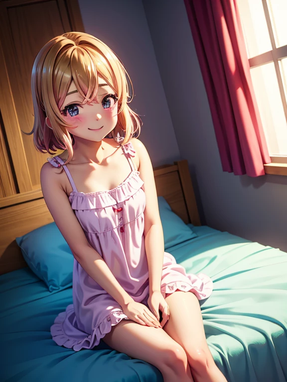 1 Female, alone, Young girl, 16 years old, Straight Blonde Hair, Blunt bangs, blue eyes, (smile), (masterpiece, Highest quality:1.2) Delicate illustrations, Super detailed, Medium chest, ((From the knee up)) With legs apart。(Pink dress　Ultra mini skirt), White lace panties are visible,bedroom