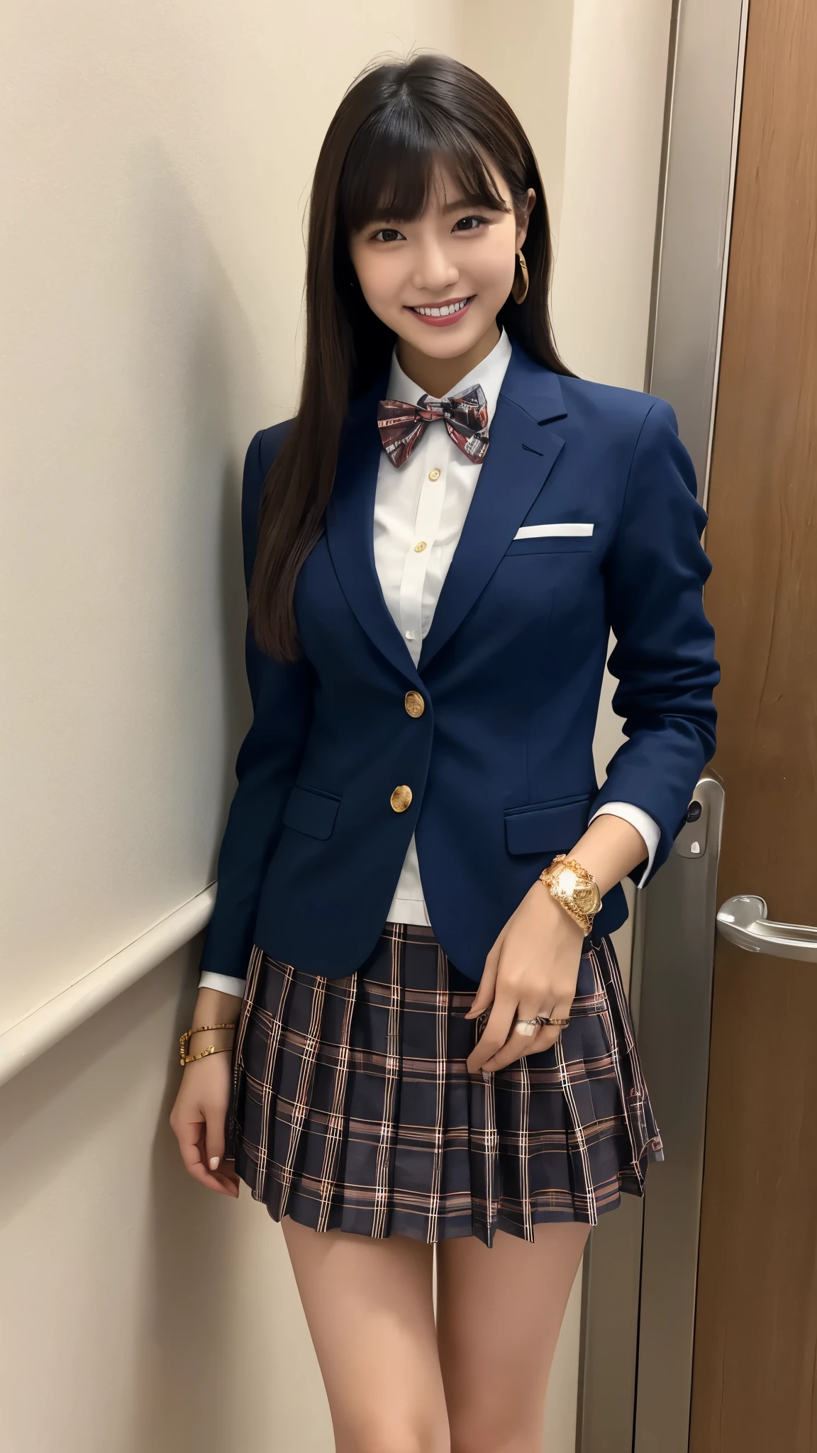 (Highest quality, 4K, High resolution, masterpiece, Genuine, Realistic, Realistic:1.3), (upper body), Girl standing in a school changingroom and touching skirt, blue bow tie uniform, Dark Blown Blazer, blown plaid skirt, Ear piercing, Gal Makeup, wearing white collared shirts, ((Blonde hair, mushroom-hair:0.4)), Gold Necklace, Gold Bracelets, grin, Gold chain19-year-old, bangs,A small smile,Thighs, knees, From below, having pinching skirt:0.7, open legs:0.8,