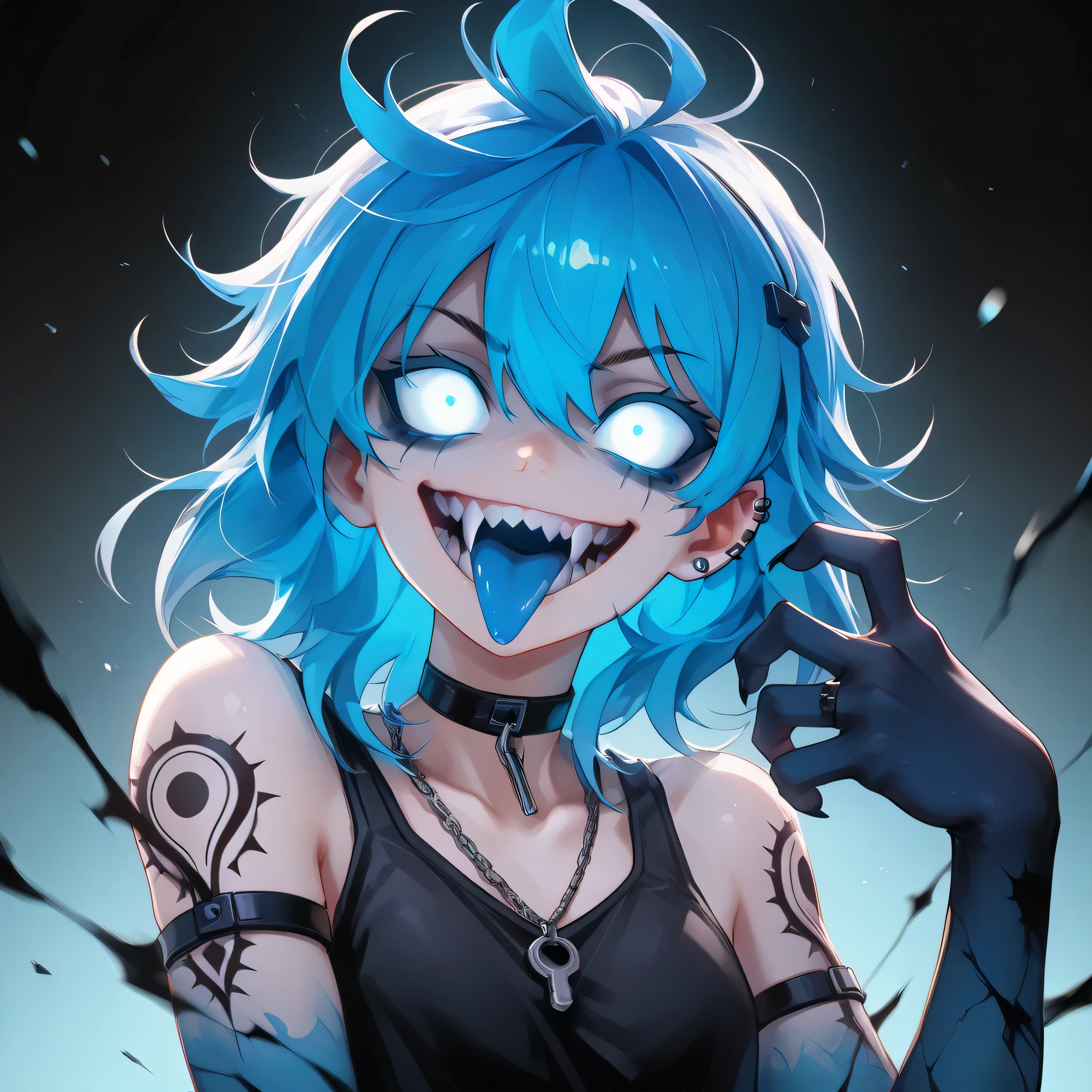 ( Ultra-detailed), ( masterpiece ), ( best quality), ( depth of field ), (sharp focus), ( cinematographic lighting), (vibrant blue), 1 , crazy smile, dams, with tongue sticking out , glowing eyes, Gothic style, dark makeup, black tattoos, piercings de prata, psychotic, psycho, A dark lighted anime female with blue glowing eyes, deep eyes, neon blue hair and a lot of blue energy, psycho smile, ((cyan flames are in the background)), sharp teeth, battle pose, (((blue gradient background:1.4))), energy, Energetic, phonk, Brazilian phonk, Simple Design, Simplified --s 100 --niji 5 --ar 1:1
