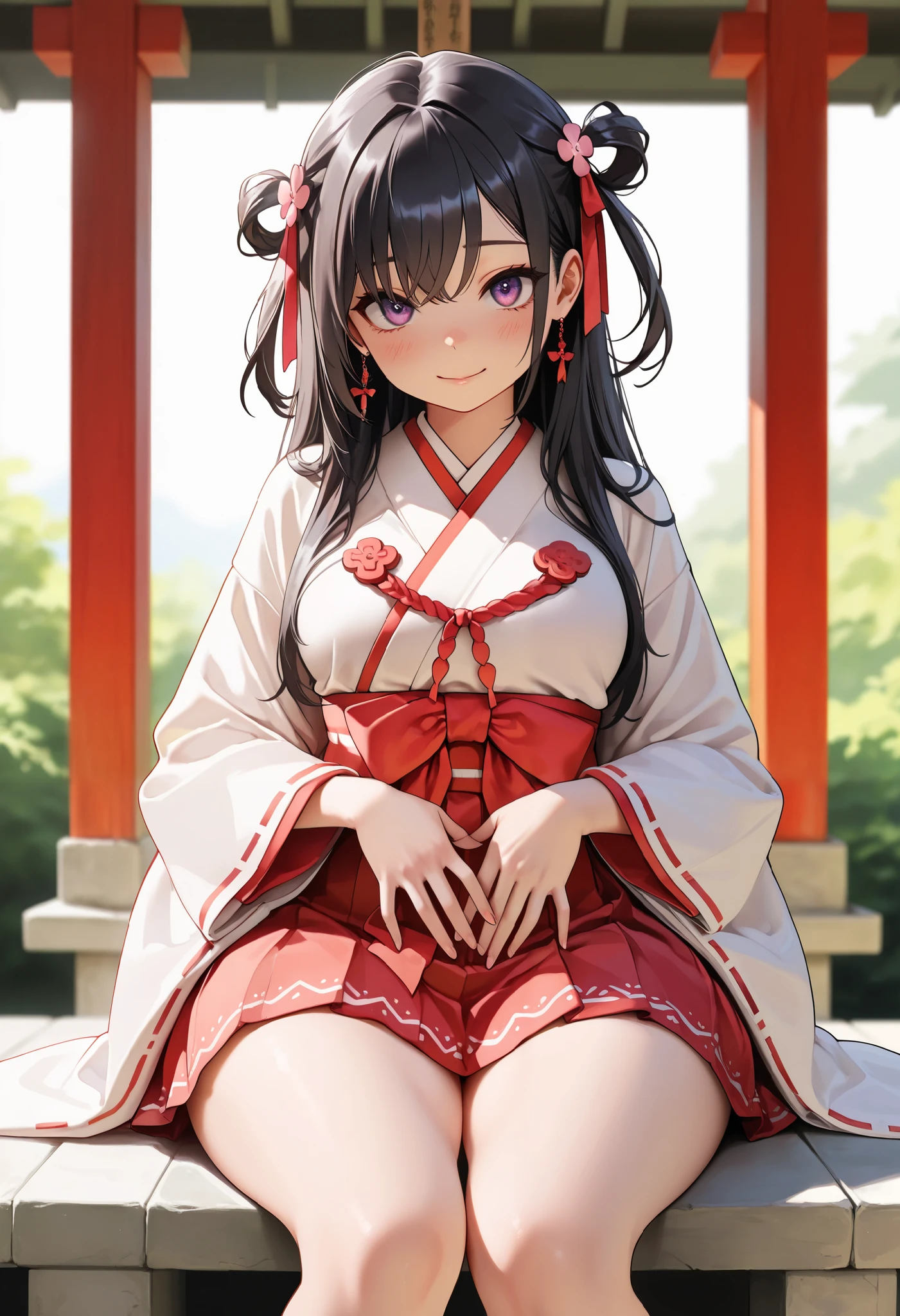 (relax style) (sitting, spread legs), (crossed ankles:1.6), (soro:2, 15 yo, blunt bangs:1.3 black hair long hair sexy shrine maiden girl, sexy closed eyes, grin smile, love smile, glossy lip, medium tits), in a shrine maiden clothes, break, in the cute bedroom, BREAK, perfect anatomy, masterpiece, best quality, 16k, beautiful detailed grow, daydreaming expression.