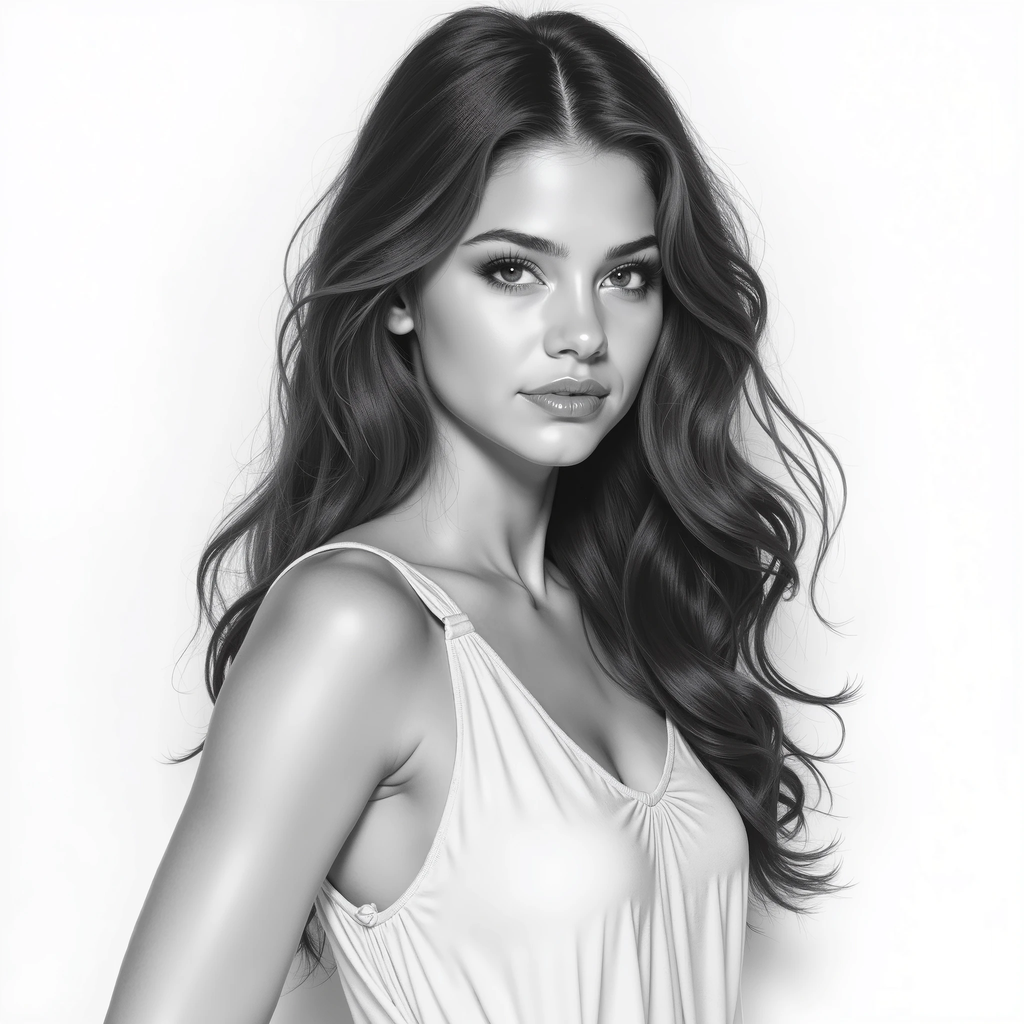 Mix between Selena Gomez and Jenna Ortega chef-d'œuvre incomparable, highly detailed pencil sketch, ((image féminine)), femme jeune, taille fine, séduisant, beau visage, {fille extrêmement délicate et belle}, {{{chef-d'œuvre}}}, Éliana Morel, dessin au crayon réaliste, traits précis et ombrages subtils, cheveux bruns légèrement ondulés, yeux noisette captivants, visage doux et expressif. Style artistique classique, texture du papier visible, rendu monochrome avec un jeu d’ombres et de lumières. Pose élégante, tenue fluide simple esquissée avec des détails minimalistes. Ambiance intime et artistique, ultra-détaillé, rendu comme un chef-d'œuvre classique.
