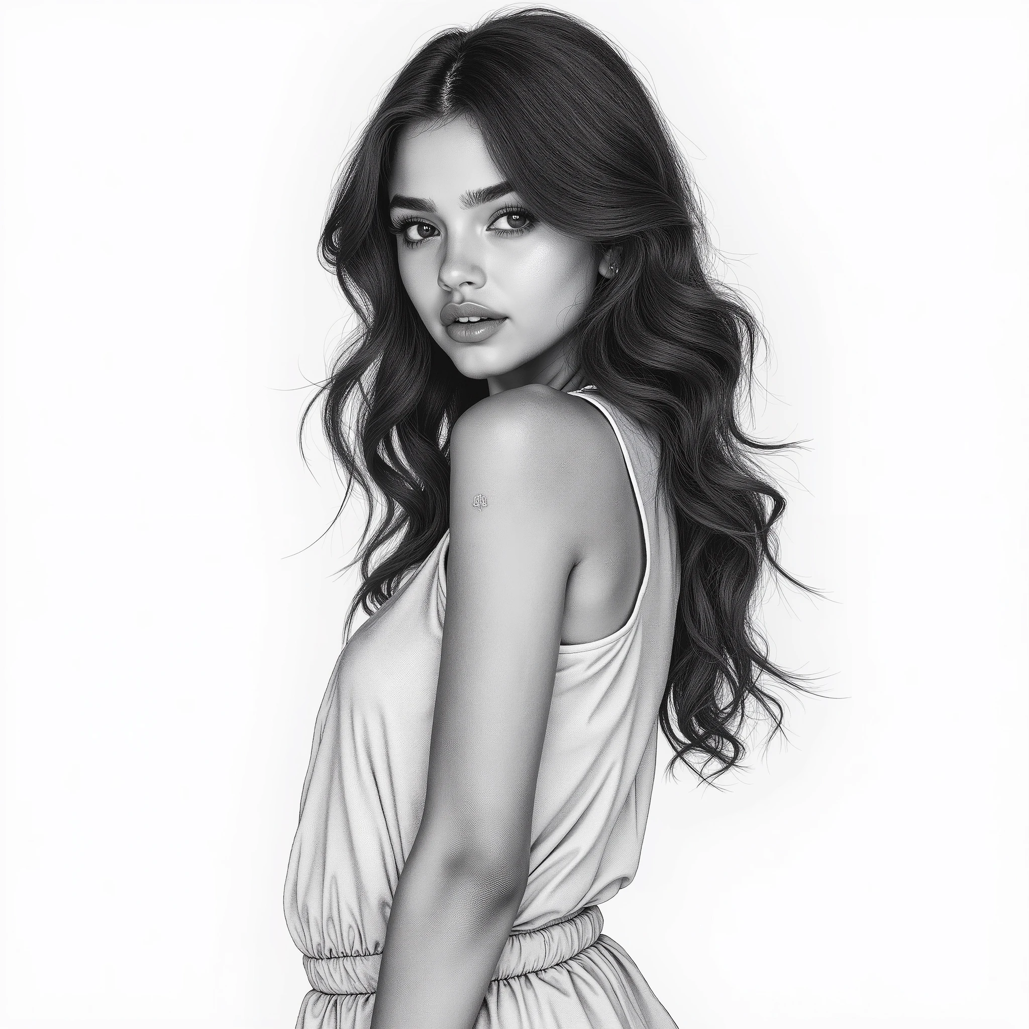 Mix between Selena Gomez and Jenna Ortega chef-d'œuvre incomparable, highly detailed pencil sketch, ((image féminine)), femme jeune, taille fine, séduisant, beau visage, {fille extrêmement délicate et belle}, {{{chef-d'œuvre}}}, Éliana Morel, dessin au crayon réaliste, traits précis et ombrages subtils, cheveux bruns légèrement ondulés, yeux noisette captivants, visage doux et expressif. Style artistique classique, texture du papier visible, rendu monochrome avec un jeu d’ombres et de lumières. Pose élégante, tenue fluide simple esquissée avec des détails minimalistes. Ambiance intime et artistique, ultra-détaillé, rendu comme un chef-d'œuvre classique.