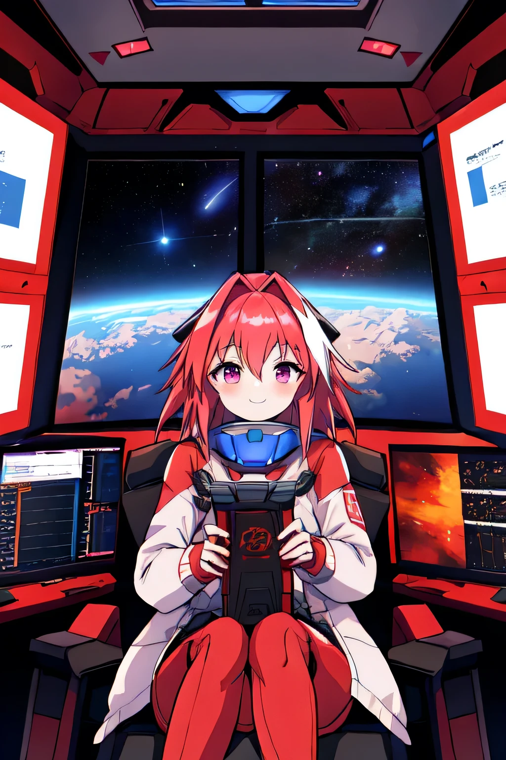 Absurd resolution, high resolution, (masterpiece: 1.4), hyper-detail, astolfo, short red hair, pilot suit, rich princess, sitting in an extremely narrow and closed mecha control room looking out the window, the window is the space universe can see the blue planet (1.5), the expression is excited, the mecha control room is in the universe,1 person, femboy