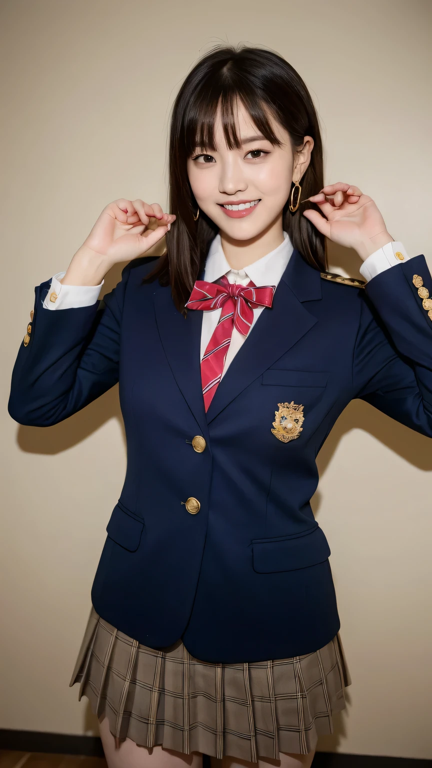 (Highest quality, 4K, High resolution, masterpiece, Genuine, Realistic, Realistic:1.3), (upper body), Girl standing in a school changingroom and touching skirt, blue bow tie uniform, Dark Blown Blazer, blown plaid skirt, Ear piercing, Gal Makeup, wearing white collared shirts, ((Blonde hair, mushroom-hair:0.4)), Gold Necklace, Gold Bracelets, grin, Gold chain19--old,ngs,A small smile,Thighs, knees, From below, having pinching skirt:0.7, open legs:0.8,