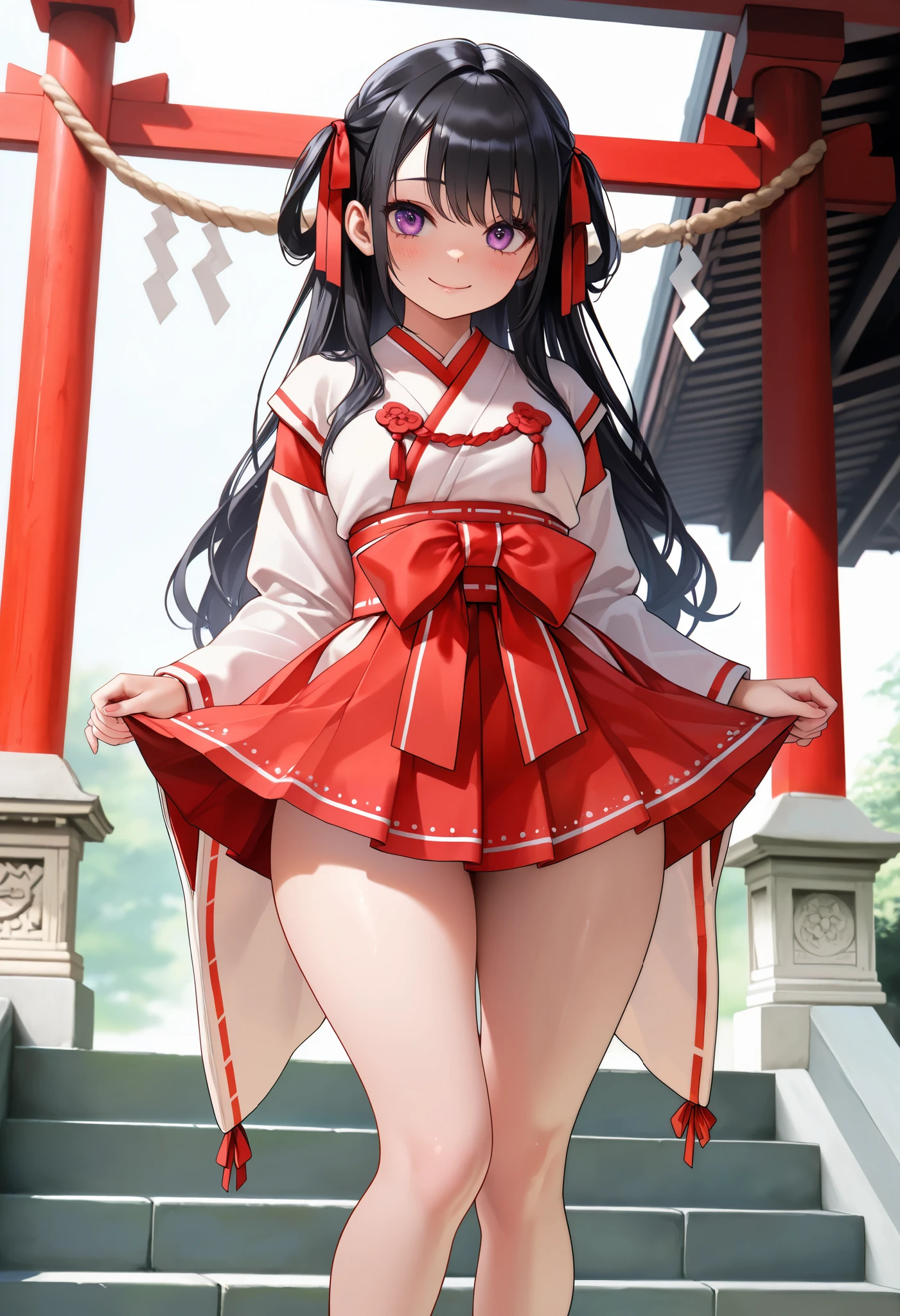 (((Highly detailed, sharp detail, vibrant colors, masterpiece, ultra-realistic, 8K, 4K, cinematic lighting, Extremely detailed, perfect hands, detailed eyes, absurdres, hires, highres, good hands, detailed hands, detailed background, detailed clothes, extreme detail)), (A slutty 18-year-old young adult shrine maiden, super cute and beautiful,147 cm tall, wide hips, slightly thick thighs, Model pose, long cute jet-black hairstyle, strand framing face, Ancient shrine background, wearing a traditional shrine maiden outfit with a mini skirt), Japanese themed, a shrine maiden, Cheerful expression, NSFW, JK,