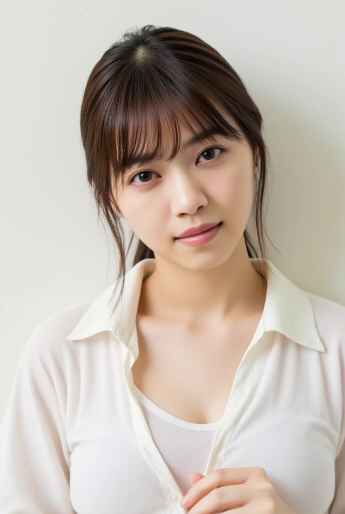 Japanese women, 40s, White background, simple背景,Long Hair、White-brown hair, Slender, 4K, 8K, High quality, Beauty products, EyesBeautiful Eyes, simple, It is high resolution.,1 person,Beautiful Skin,Beautiful Skin、Natural smile、Short sleeve、Wearing a white shirt,