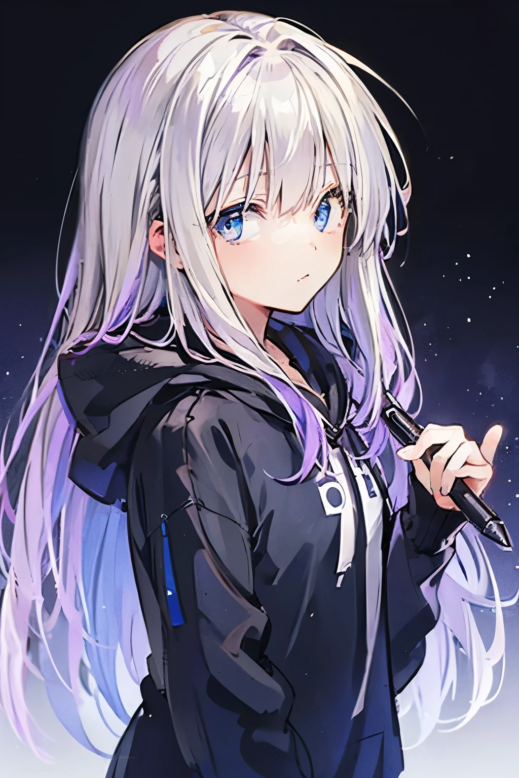 Girl. Ombré hair dark brown down to a dark dark purple. Dark blue eyes. Dark purple hoodie, hood down. Nighttime city background. Soft smile. Holding dagger near face threateningly.