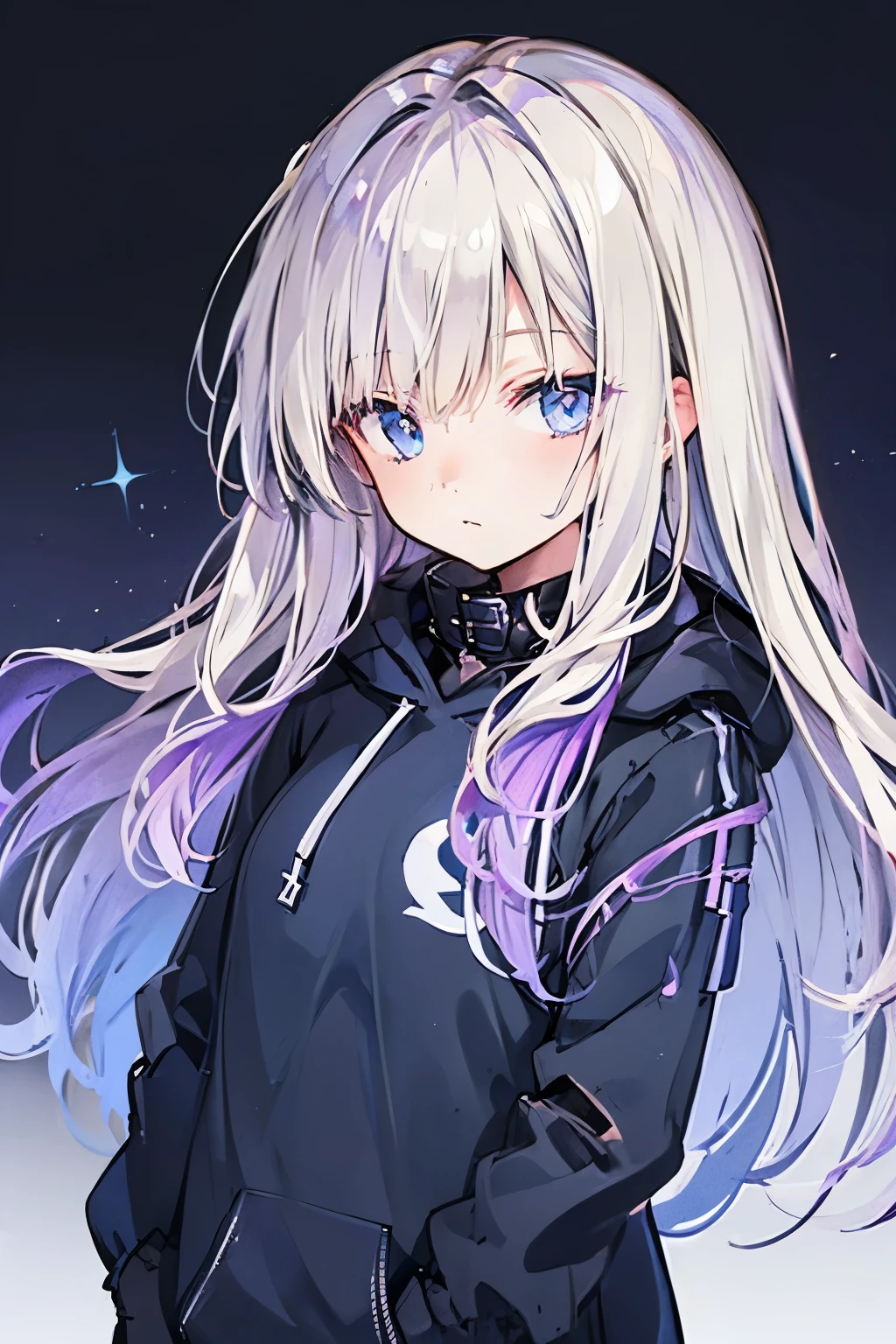 Girl. Ombré hair dark brown down to a dark dark purple. Dark blue eyes. Dark purple hoodie, hood down. Nighttime city background. Soft smile. Holding dagger near face threateningly.