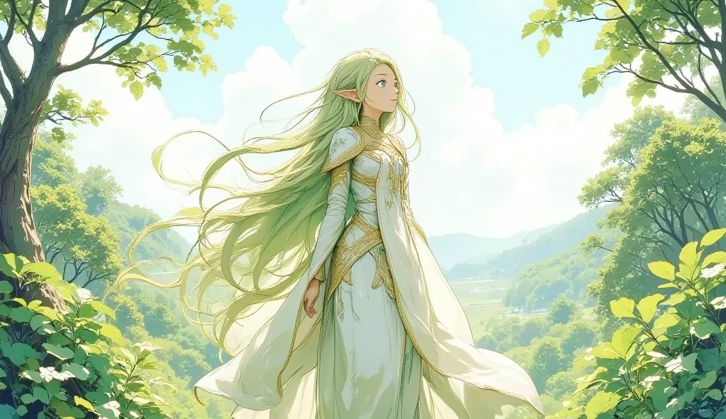 (Masterpiece:1.3,  top quality :1.3,  detailed depiction  :1.3,  HD :1.3, High Quality Anime Painting  ),2girl break ( 1girl , Elven Swordsman, Flying Cape, breastplate, like々Shiny Green Dress ,  Swaying Skirt ,  Lapierre sticks out,  is smiling, whole body) break ( 1girl , Daikon,  Daikon Arraune ,  White Dress ,  adorable,  She's Watching Elves ,  She's Walking with an Elf Woman),  (background\Beautiful lakeside), (side view, Vision,  Fantasy Animated Art ,  fantastic use of colors,  Expression of the Highest Colors ,  Incredibly Beautiful Color Expression ,  Pale and Gentle Watercolor Art , Beautiful expression of light)