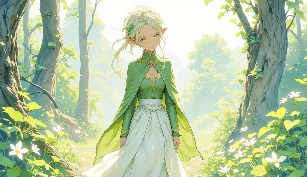(Masterpiece:1.3,  top quality :1.3,  detailed depiction  :1.3,  HD :1.3, High Quality Anime Painting  ),2girl break ( 1girl , Elven Swordsman, Flying Cape, breastplate, like々Shiny Green Dress ,  Swaying Skirt ,  Lapierre sticks out,  is smiling, whole body) break ( 1girl , Daikon,  Daikon Arraune ,  White Dress ,  adorable,  She's Watching Elves ,  She's Walking with an Elf Woman),  (background\Beautiful lakeside), (side view, Vision,  Fantasy Animated Art ,  fantastic use of colors,  Expression of the Highest Colors ,  Incredibly Beautiful Color Expression ,  Pale and Gentle Watercolor Art , Beautiful expression of light)