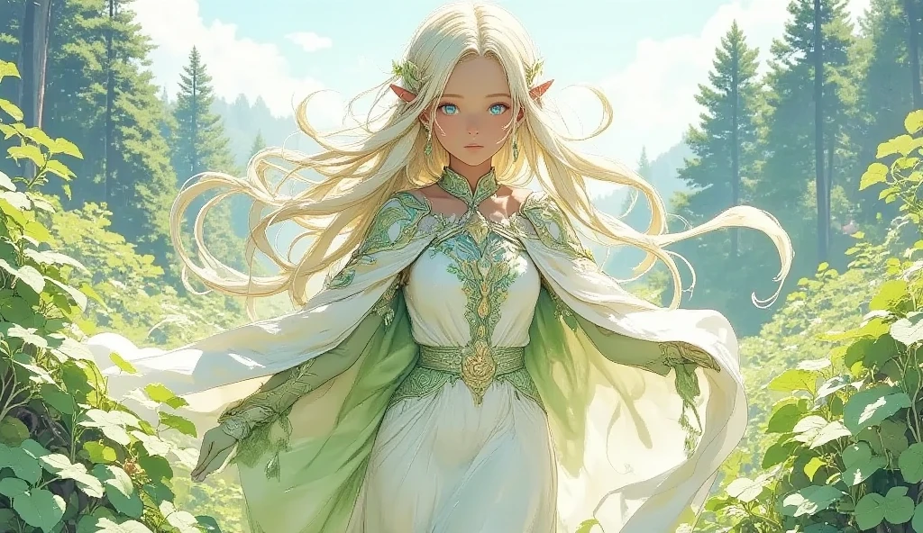 (Masterpiece:1.3,  top quality :1.3,  detailed depiction  :1.3,  HD :1.3, High Quality Anime Painting  ),2girl break ( 1girl , Elven Swordsman, Flying Cape, breastplate, like々Shiny Green Dress ,  Swaying Skirt ,  Lapierre sticks out,  is smiling, whole body) break ( 1girl , Daikon,  Daikon Arraune ,  White Dress ,  adorable,  She's Watching Elves ,  She's Walking with an Elf Woman),  (background\Beautiful lakeside), (side view, Vision,  Fantasy Animated Art ,  fantastic use of colors,  Expression of the Highest Colors ,  Incredibly Beautiful Color Expression ,  Pale and Gentle Watercolor Art , Beautiful expression of light)